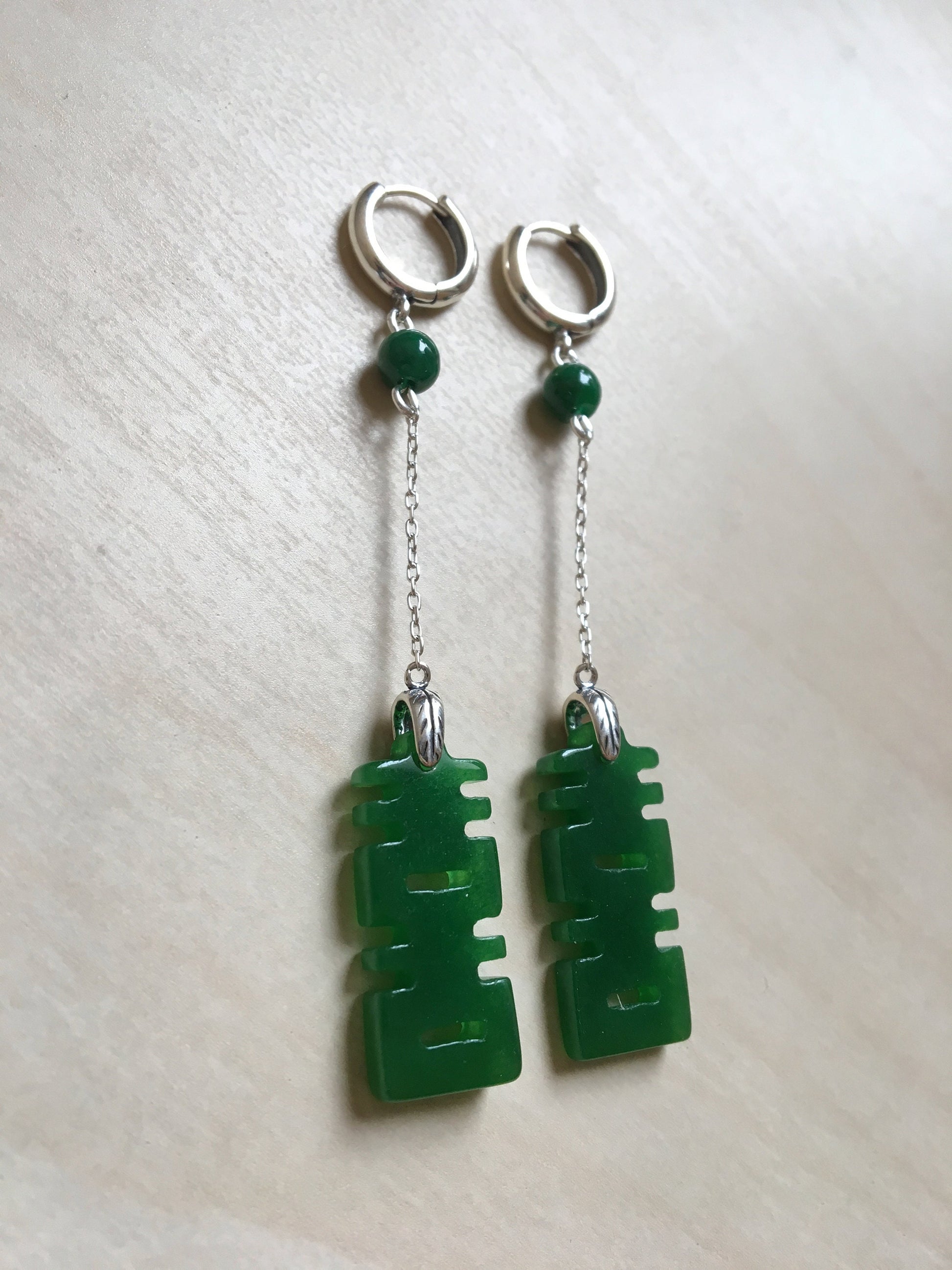 Long Dangle Chinese Character jade earrings.Dark Green Jade.Double Happiness Emerald Earrings.Lucky Stone Jewelry.Gift for Her.Vintage jade