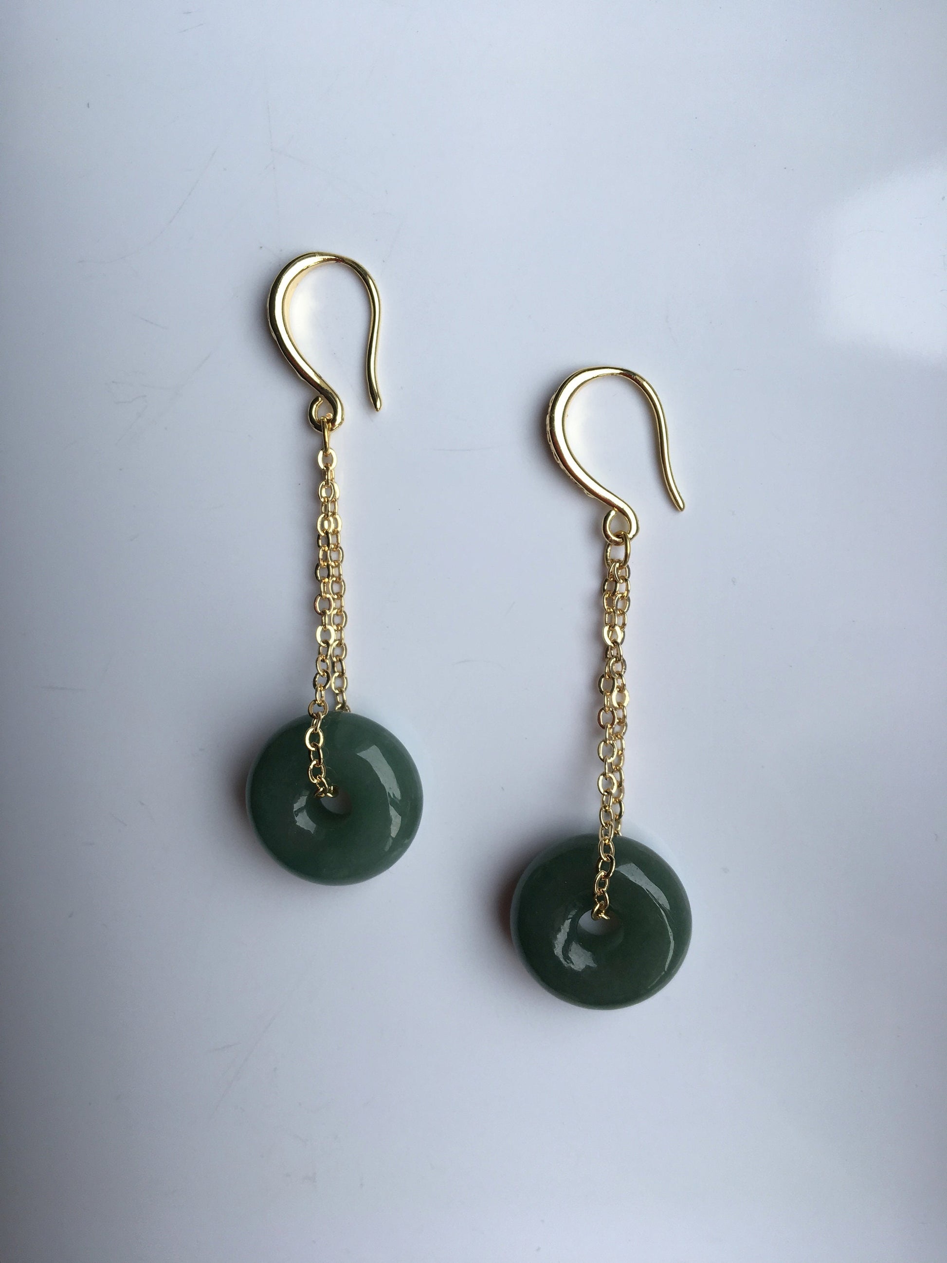 Dark Green Jade Donut Earrings.Vintage Jade Circle Earrings.Jade Drop Earrings Gold.Long Dangle Jade Earrings.Natural Round Jade Jewelry