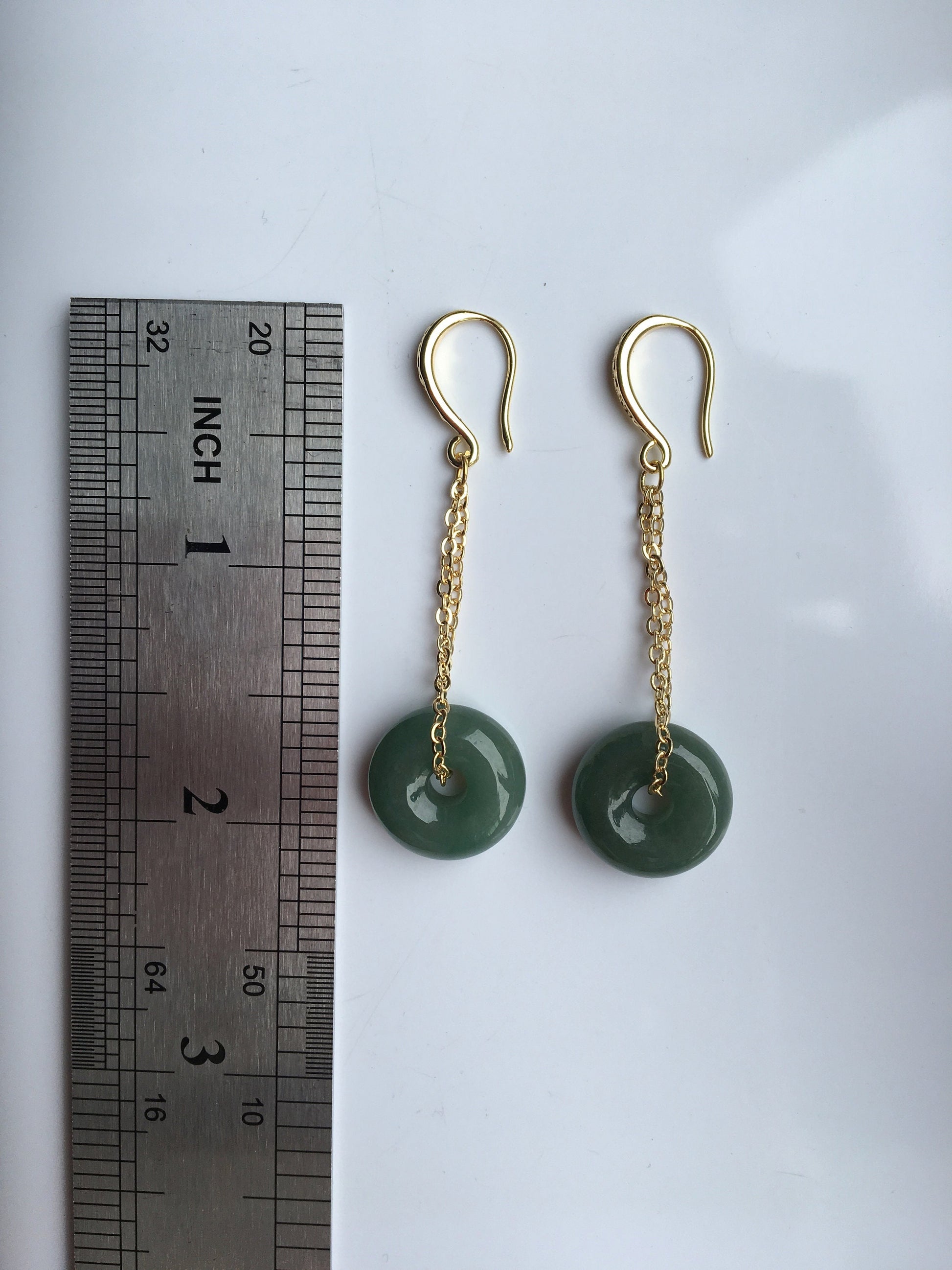 Dark Green Jade Donut Earrings.Vintage Jade Circle Earrings.Jade Drop Earrings Gold.Long Dangle Jade Earrings.Natural Round Jade Jewelry