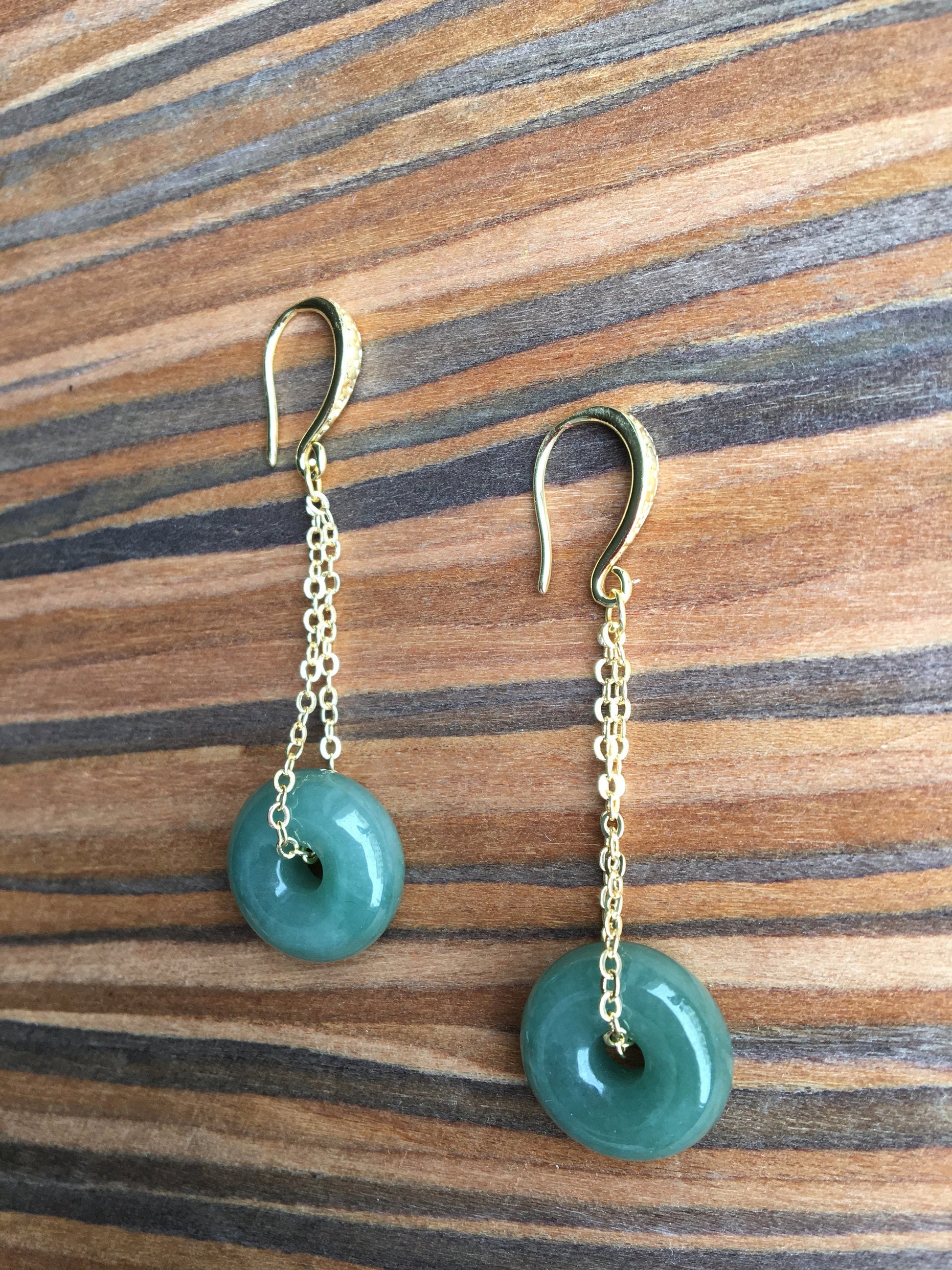 Dark Green Jade Donut Earrings.Vintage Jade Circle Earrings.Jade Drop Earrings Gold.Long Dangle Jade Earrings.Natural Round Jade Jewelry