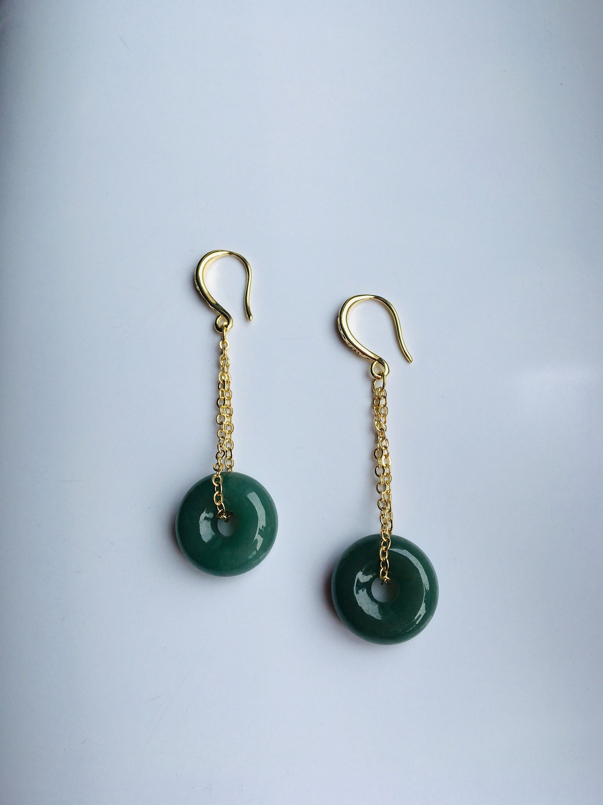 Dark Green Jade Donut Earrings.Vintage Jade Circle Earrings.Jade Drop Earrings Gold.Long Dangle Jade Earrings.Natural Round Jade Jewelry
