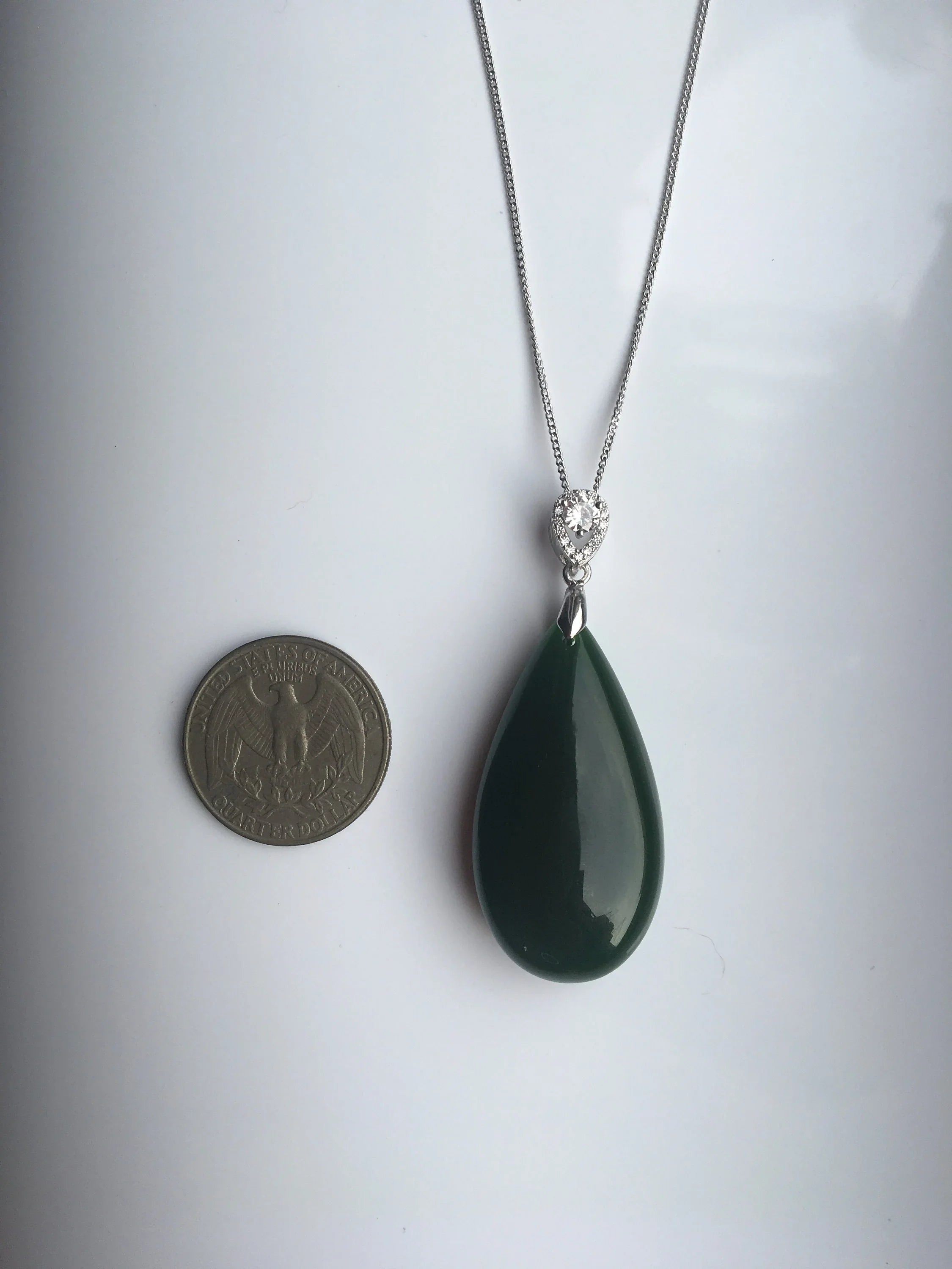 Big Teardrop Jade Pendant.Dark Green Jade Necklace.Jade Silver Necklace.Green Gemstone Jewelry.Gift for her