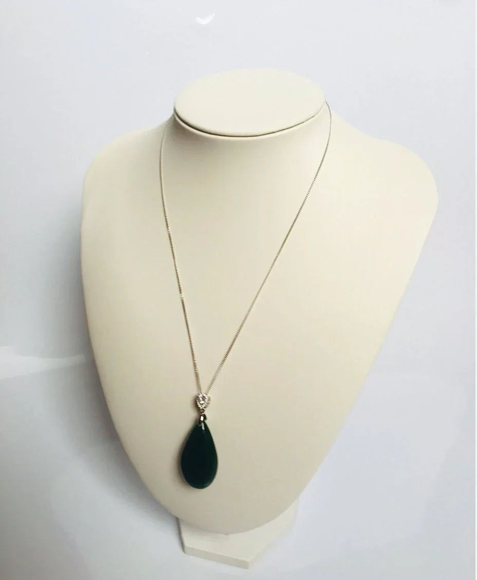 Big Teardrop Jade Pendant.Dark Green Jade Necklace.Jade Silver Necklace.Green Gemstone Jewelry.Gift for her