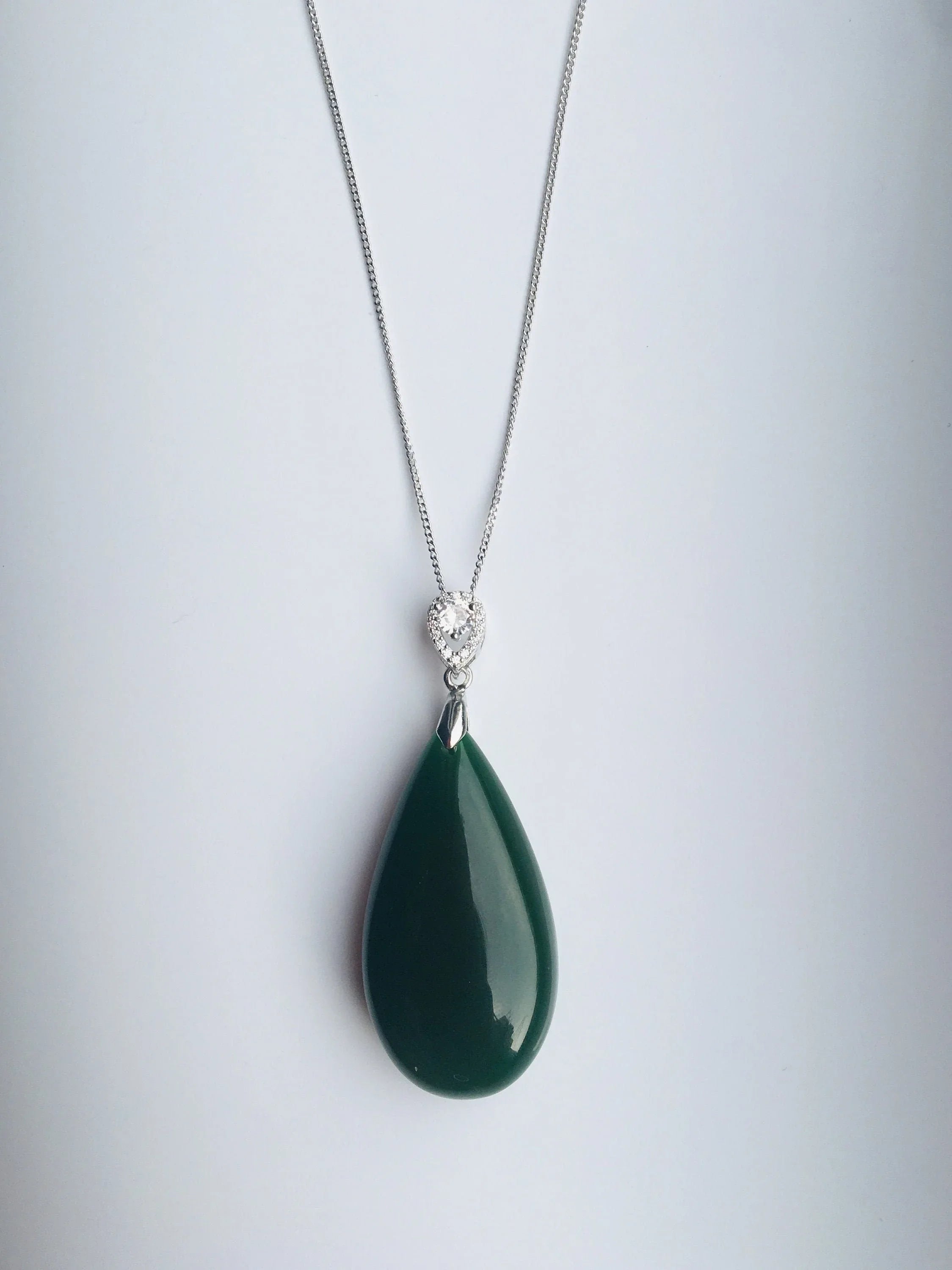 Big Teardrop Jade Pendant.Dark Green Jade Necklace.Jade Silver Necklace.Green Gemstone Jewelry.Gift for her