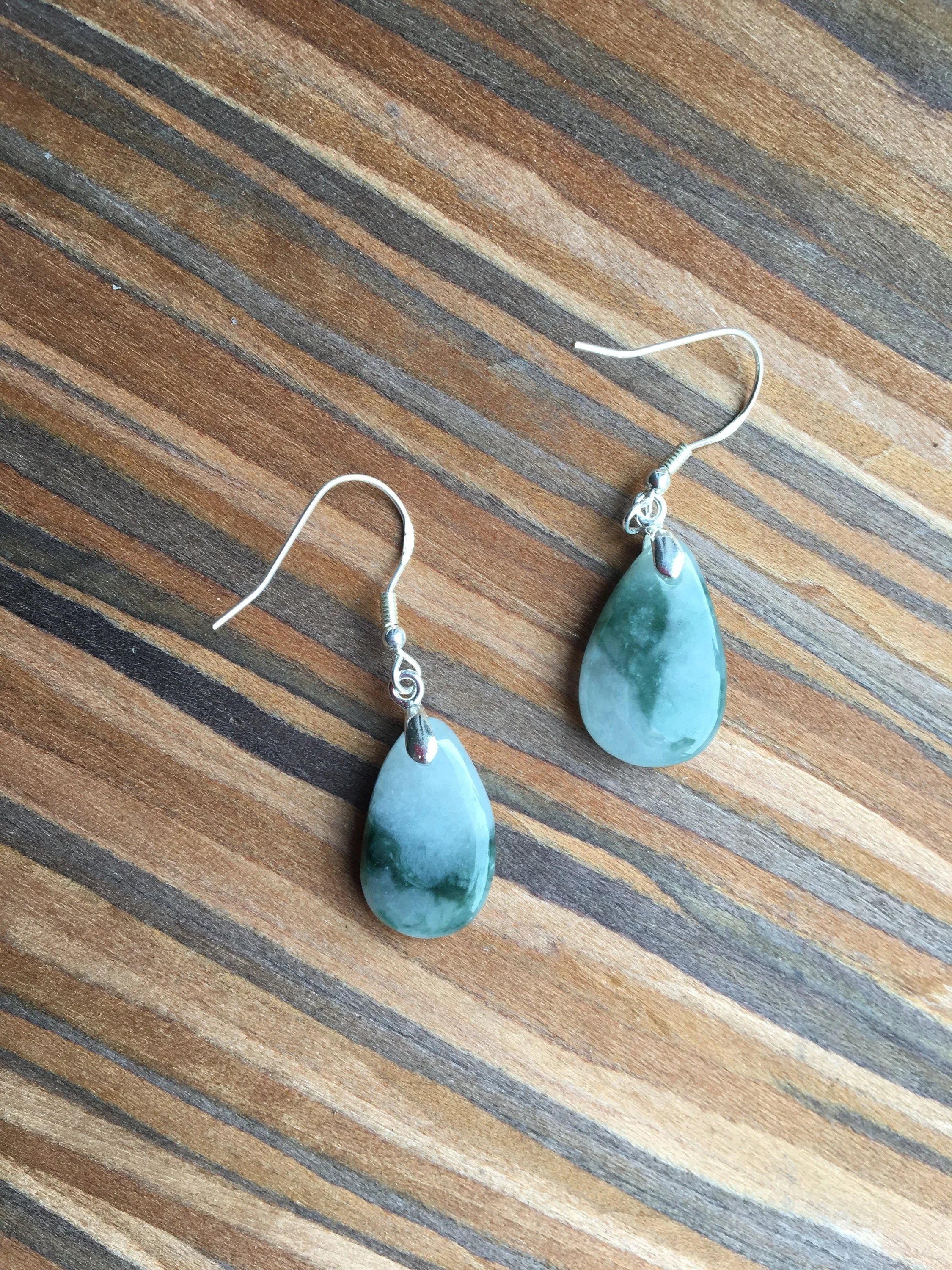 Genuine Myanmar Jade Earrings.Jade Teardrop Earrings.Green Teardrop Earrings.Silver Teardrop Earrings.Vintage White Jade Jewelry.Natural