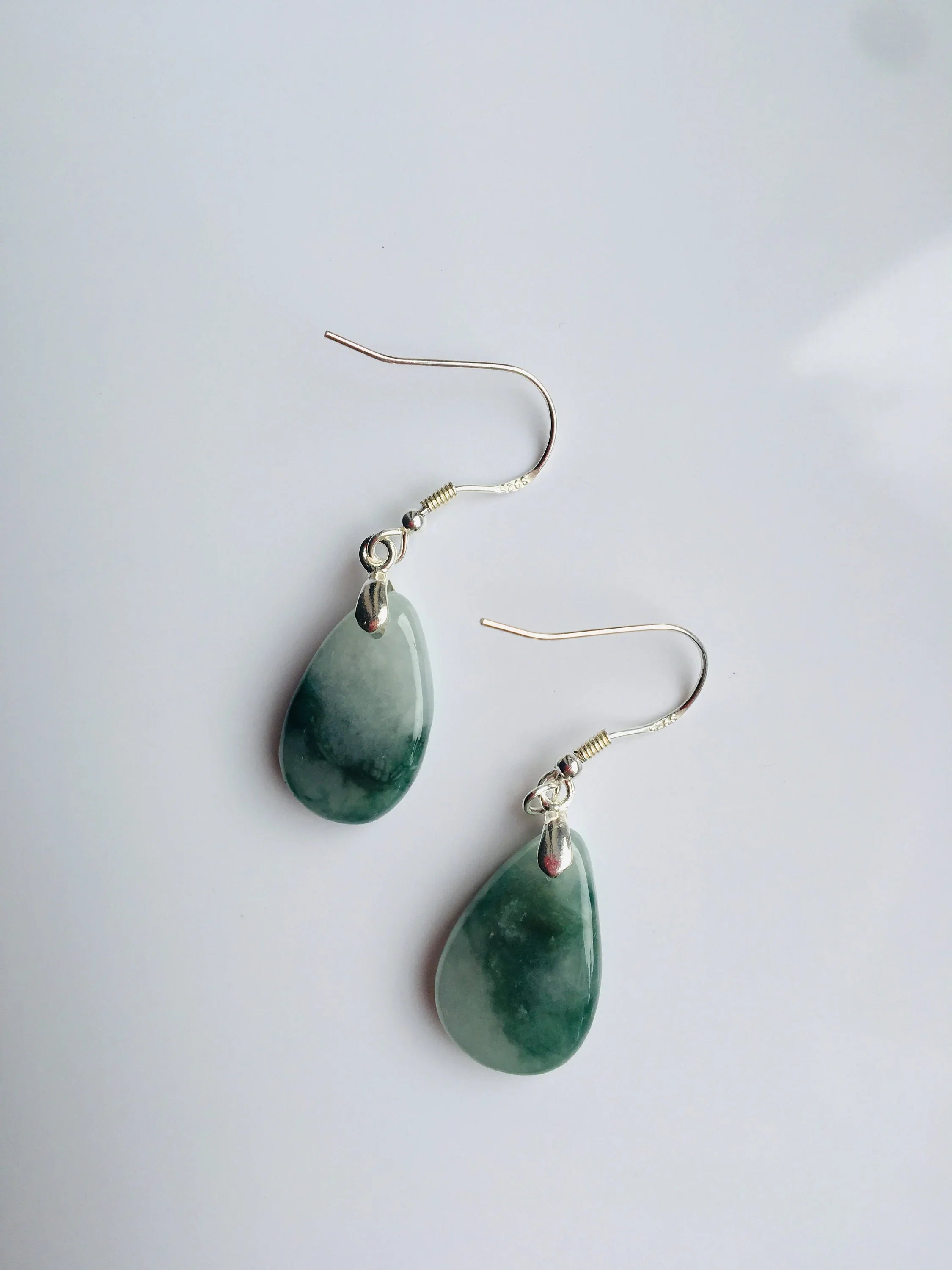 Genuine Myanmar Jade Earrings.Jade Teardrop Earrings.Green Teardrop Earrings.Silver Teardrop Earrings.Vintage White Jade Jewelry.Natural