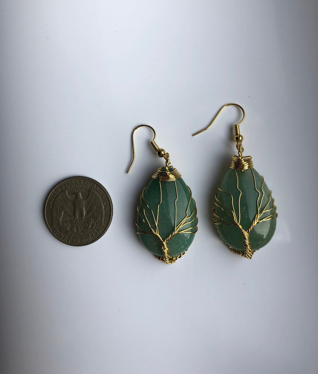 Jade Stein Baum des Lebens Ohrringe.Grün/Rosa Tropfen Anhänger.Gold Baum des Lebens.Boho Schmuck.Wire Wrap Schmuck.Geburtsstein Geschenk für Sie