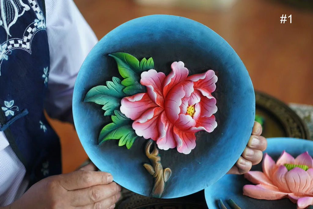 Chinese Flower Fish Folk Art Wood Carving.Antique Tabletop Painting Collection.Asian Home Wall Decor Round Feng Shui Plaques Panel.Gift