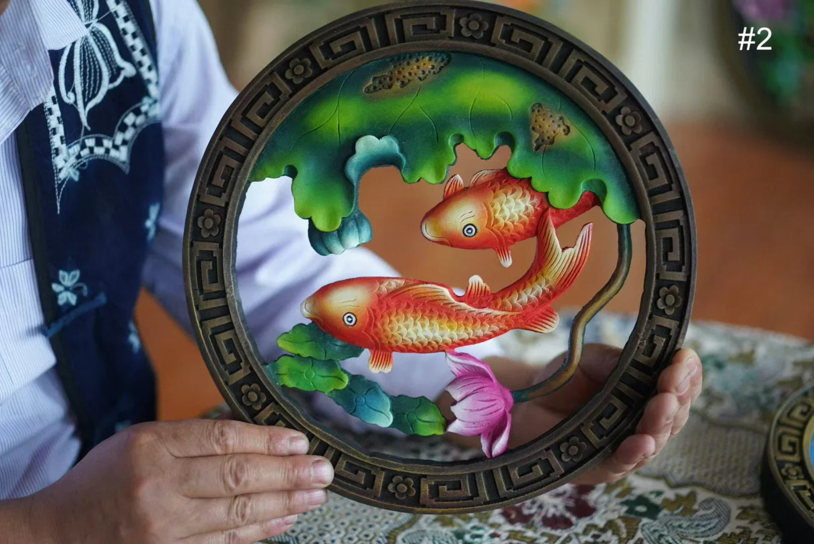 Chinesische Blume Fisch Volkskunst Holzschnitzerei.Antike Tischmalerei Sammlung.Asiatische Wohnwanddekoration Runde Feng Shui Plaketten Panel.Geschenk