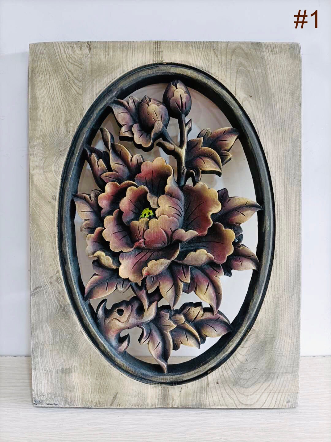 Vintage Chinesische Blumen Volkskunst Holzschnitzerei.Antike Tischmalerei Sammlung.Asiatische Wohnwanddekoration Runde Feng Shui Plaketten Panel.Geschenk