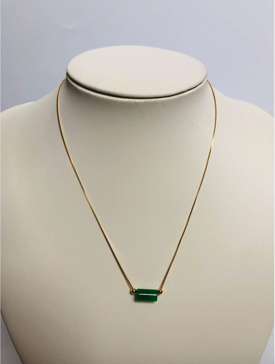 18k Gold Minimalist Jade Choker Necklace – Dark Green Bead Pendant 16" | Dainty Genuine Vintage-Inspired Jade Jewelry