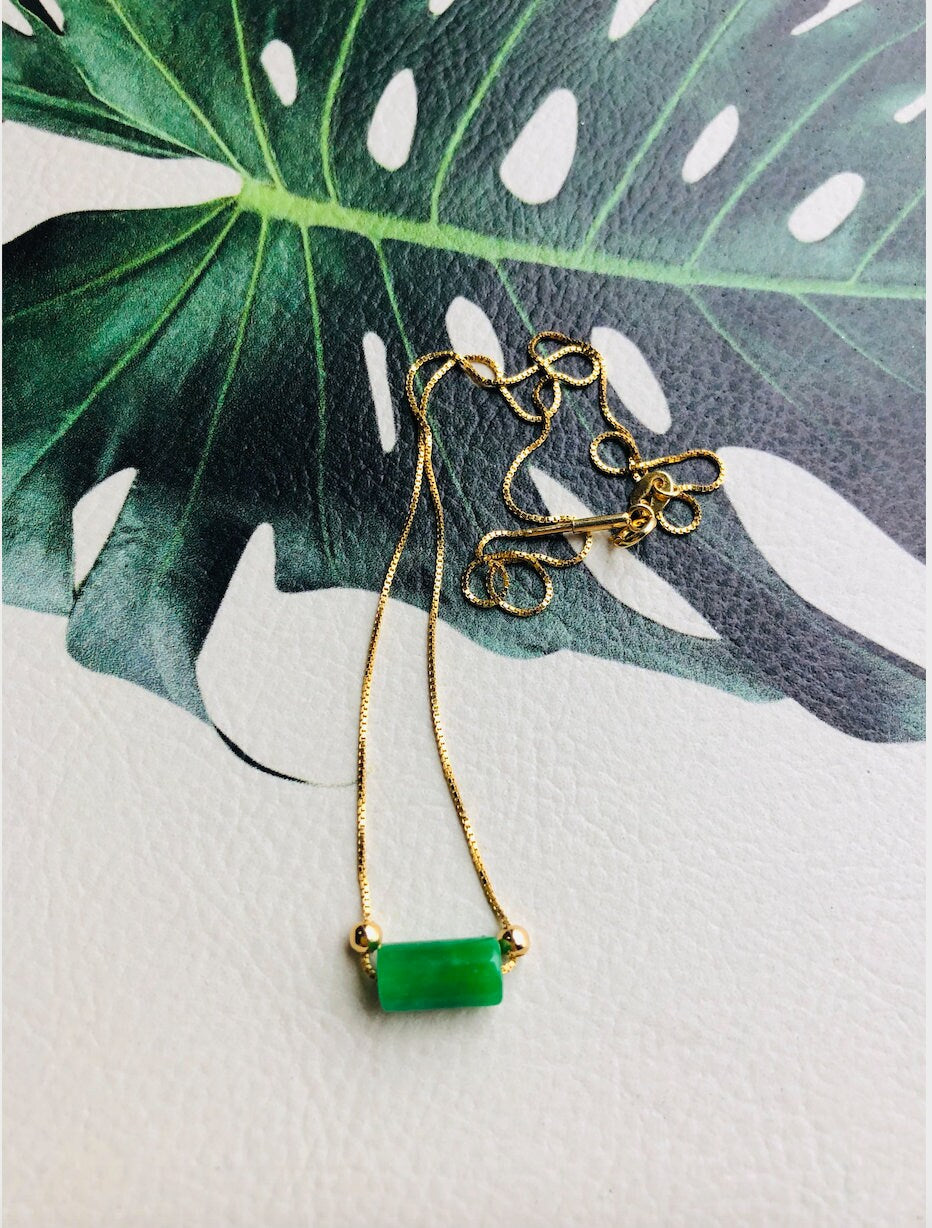 18k Gold Minimalist Jade Choker Necklace – Dark Green Bead Pendant 16" | Dainty Genuine Vintage-Inspired Jade Jewelry