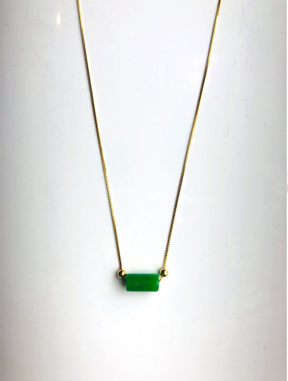 18k Gold Minimalist Jade Choker Necklace – Dark Green Bead Pendant 16" | Dainty Genuine Vintage-Inspired Jade Jewelry