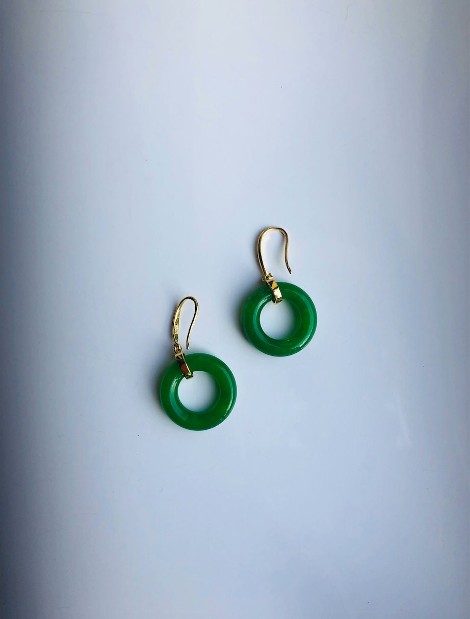 18K Gold Plated Dark Green Jade Donut Earrings.Real Jade Circle Earrings.Round Jade Earrings.Pi Disc Jewelry.Vintage Chinese Jade.Gift