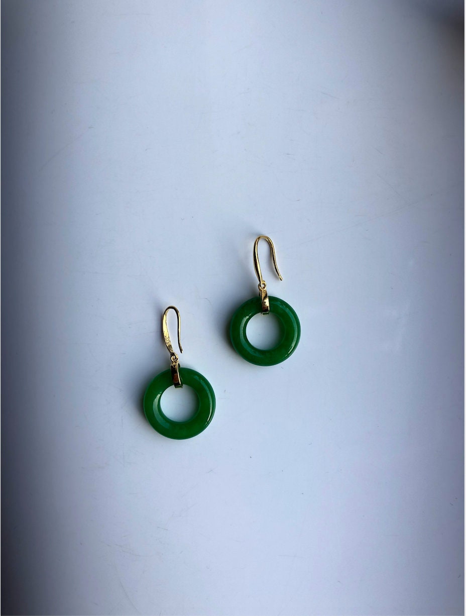 18K Gold Plated Dark Green Jade Donut Earrings.Real Jade Circle Earrings.Round Jade Earrings.Pi Disc Jewelry.Vintage Chinese Jade.Gift