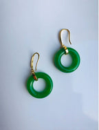 18K Gold Plated Dark Green Jade Donut Earrings.Real Jade Circle Earrings.Round Jade Earrings.Pi Disc Jewelry.Vintage Chinese Jade.Gift