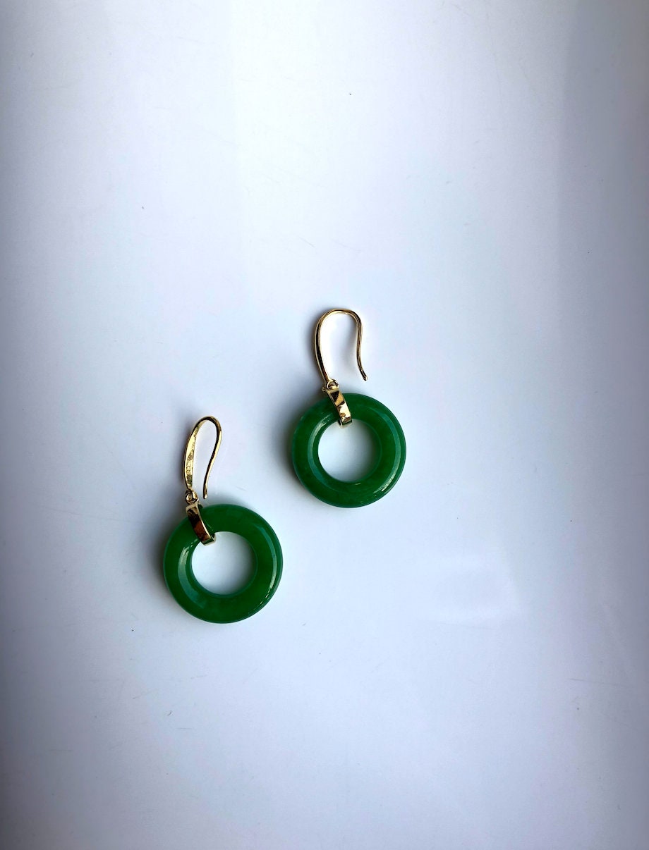 18K Gold Plated Dark Green Jade Donut Earrings.Real Jade Circle Earrings.Round Jade Earrings.Pi Disc Jewelry.Vintage Chinese Jade.Gift