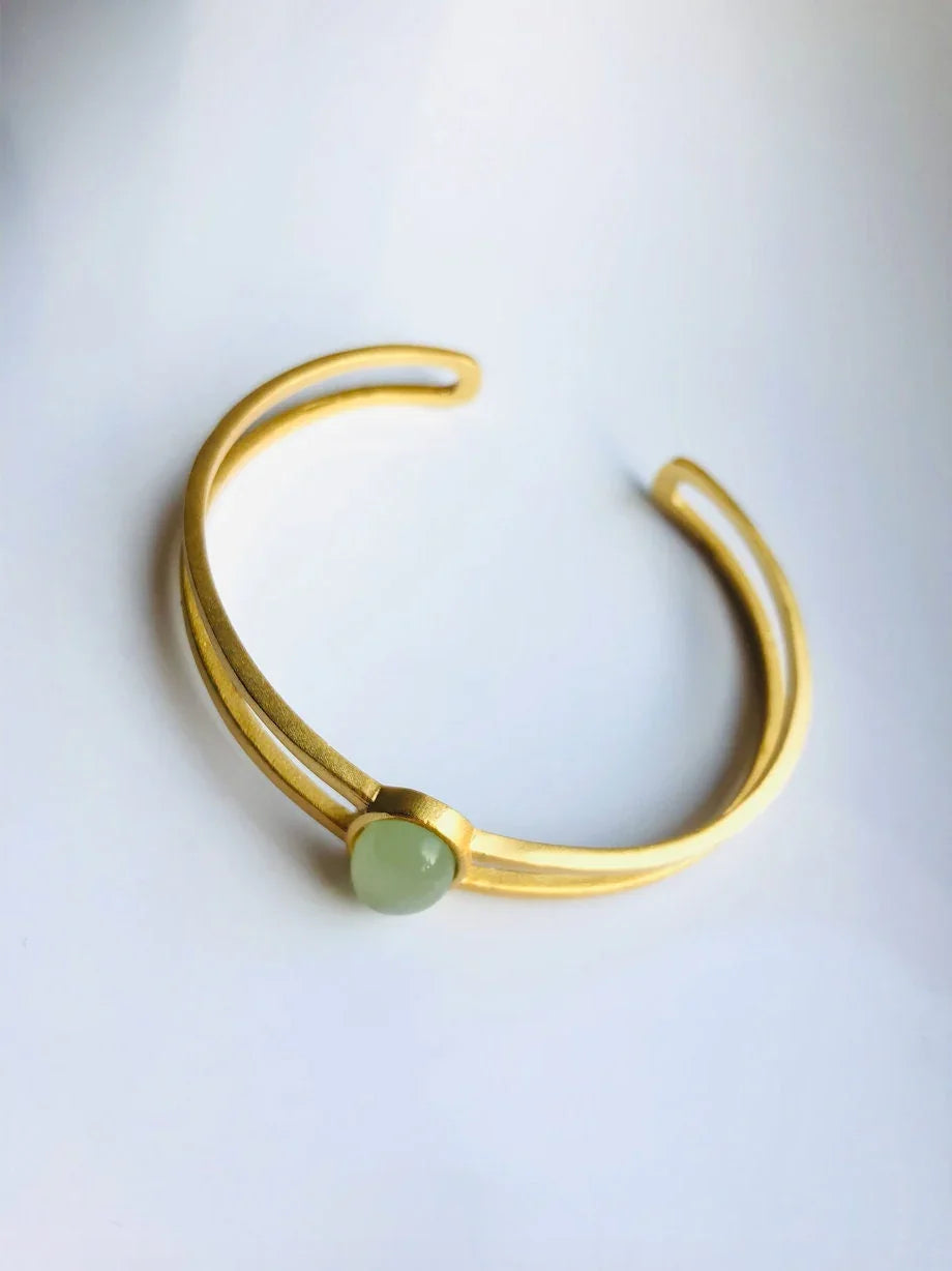 Gold Minimalistic Bangle.Green Jade Bracelets.Jade Adjustable Bangles.Modern 14k Gold Cuff.Jade Beads Jewelry.Light green real chinese jade