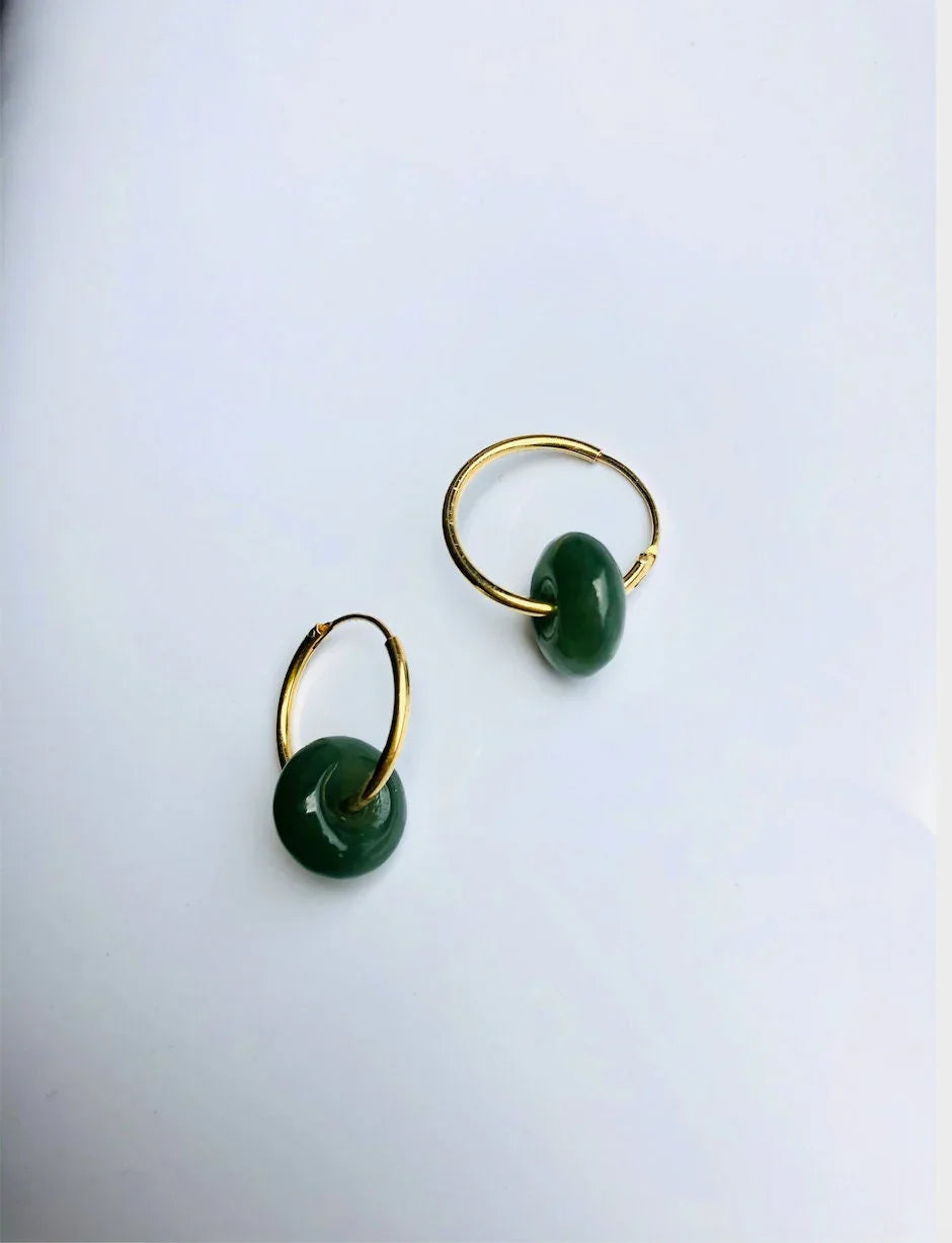 Mini 18k Gold Jade Donut Earrings.Small Green Jade Drop Hoop Earrings.Minimalist Tiny Jade Circle Jewelry.Natural Round Jade Earrings.Gift