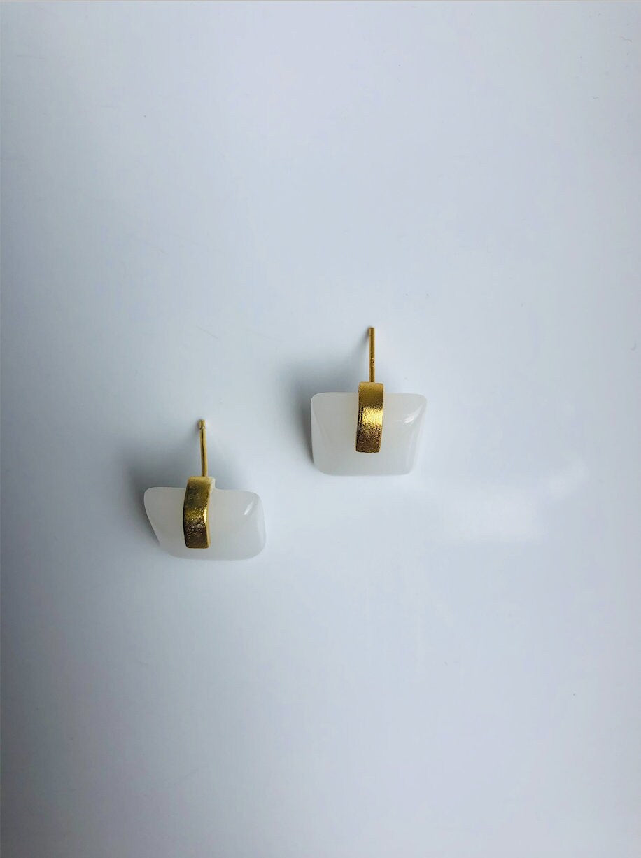 Modern square white jade stud earrings.Minimalist Gold Cube Earrings.18k Gold Plated Jewelry.Natural Chinese Jade Earrings.Gift for her
