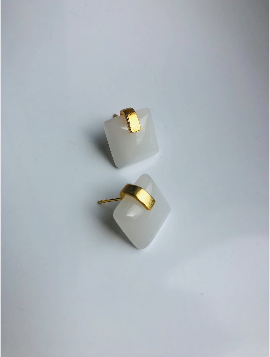 Modern square white jade stud earrings.Minimalist Gold Cube Earrings.18k Gold Plated Jewelry.Natural Chinese Jade Earrings.Gift for her