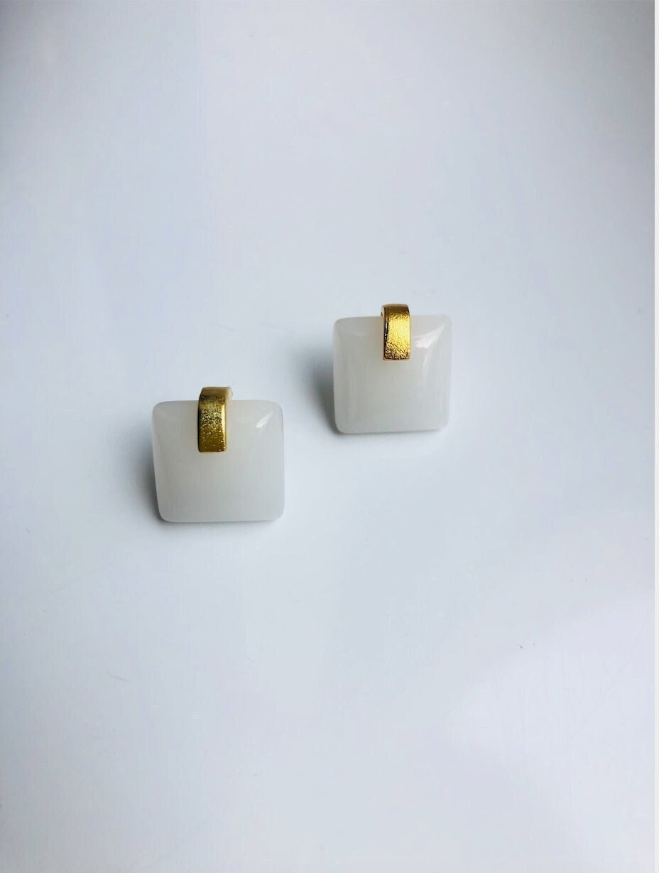Modern square white jade stud earrings.Minimalist Gold Cube Earrings.18k Gold Plated Jewelry.Natural Chinese Jade Earrings.Gift for her