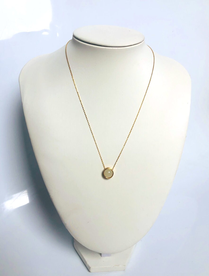 Dainty 18'' White Jade Pendants.Gold Plated Necklace.Cute Jade Circle Pendants.Gold Charm Jewelry.Real Jade Necklace.Chinese Jade Jewelry.