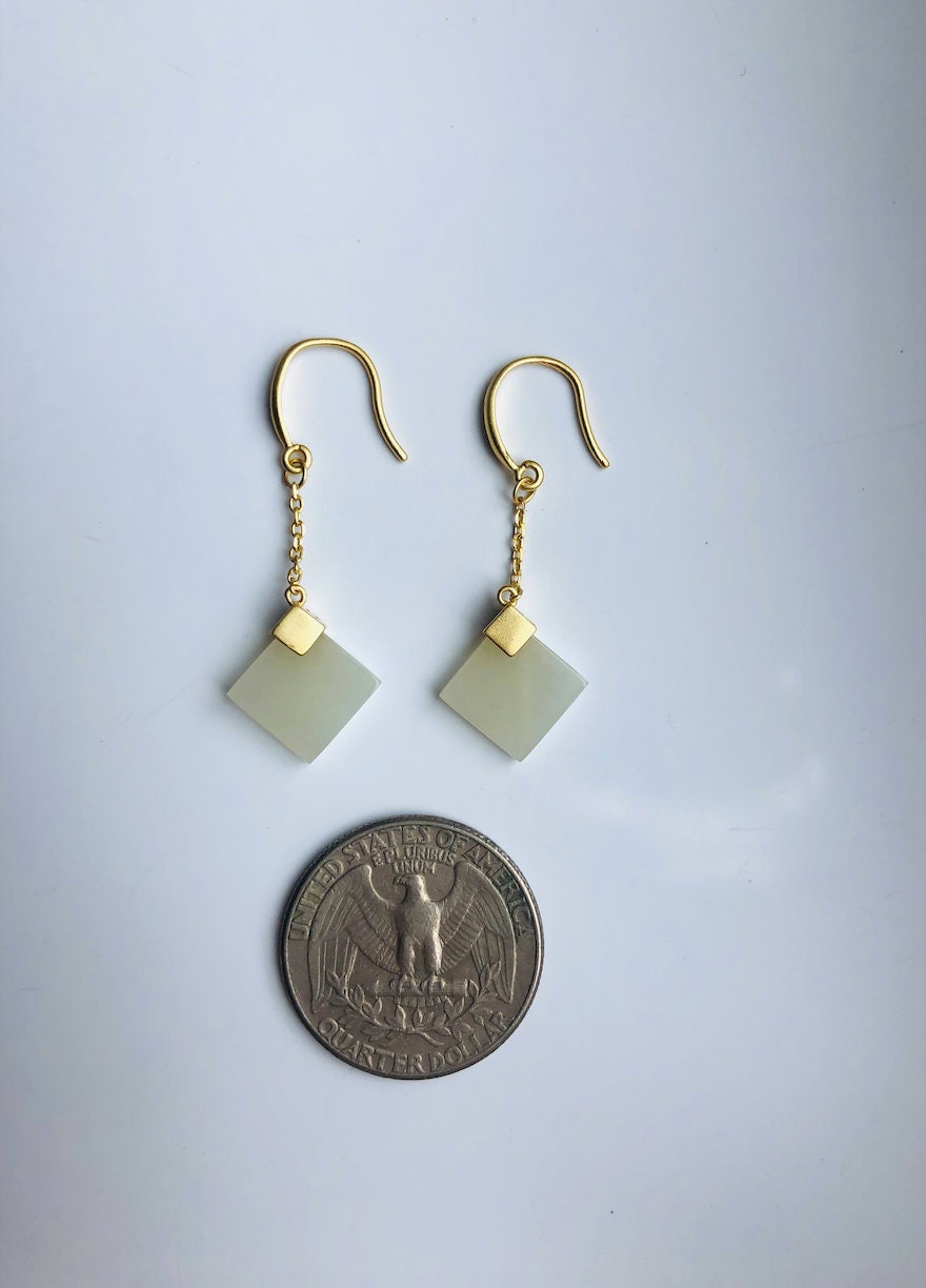 Square white jade hanging earrings.Gold Jade Cube Earrings.Dainty Jade Jewelry.Natural Jade Drop earring.Chinese Jade.Gift for her.Simple