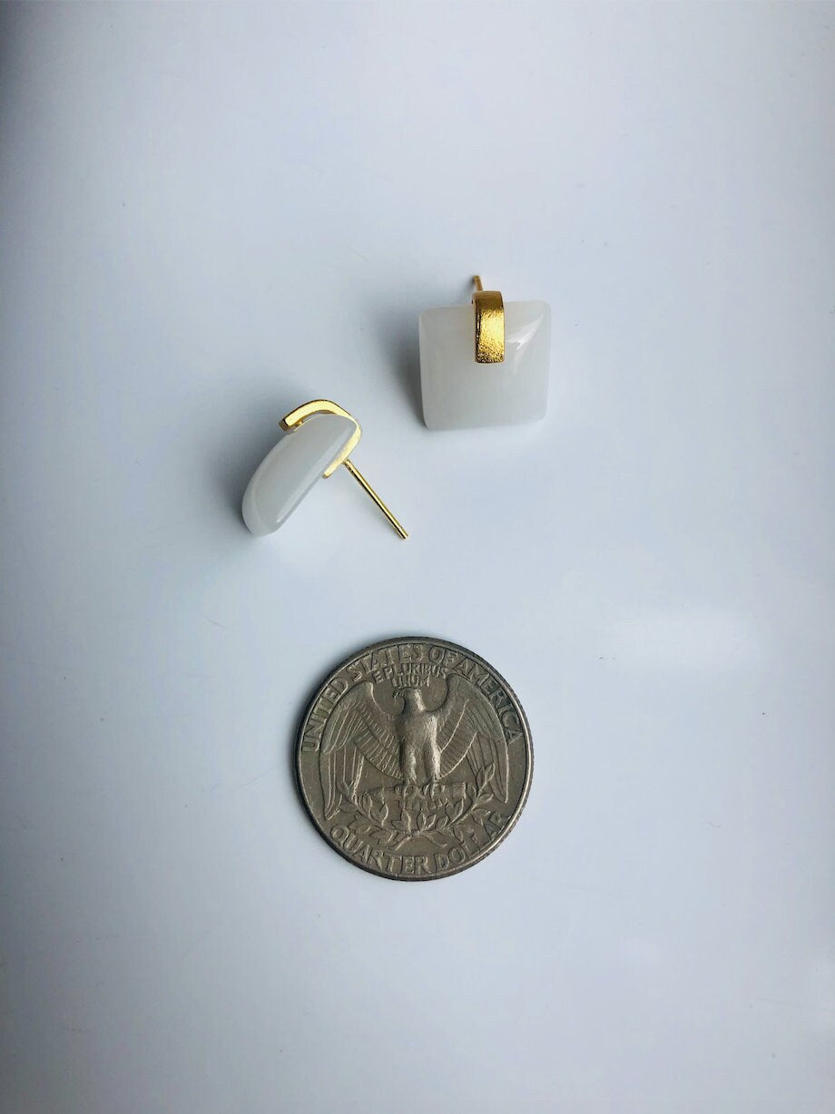 Modern square white jade stud earrings.Minimalist Gold Cube Earrings.18k Gold Plated Jewelry.Natural Chinese Jade Earrings.Gift for her