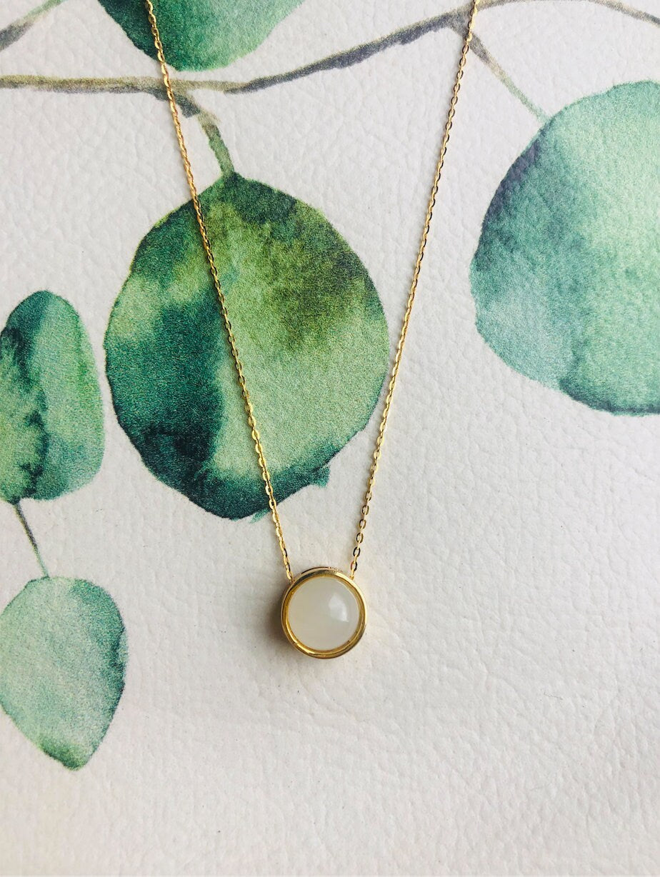 Dainty 18'' White Jade Pendants.Gold Plated Necklace.Cute Jade Circle Pendants.Gold Charm Jewelry.Real Jade Necklace.Chinese Jade Jewelry.