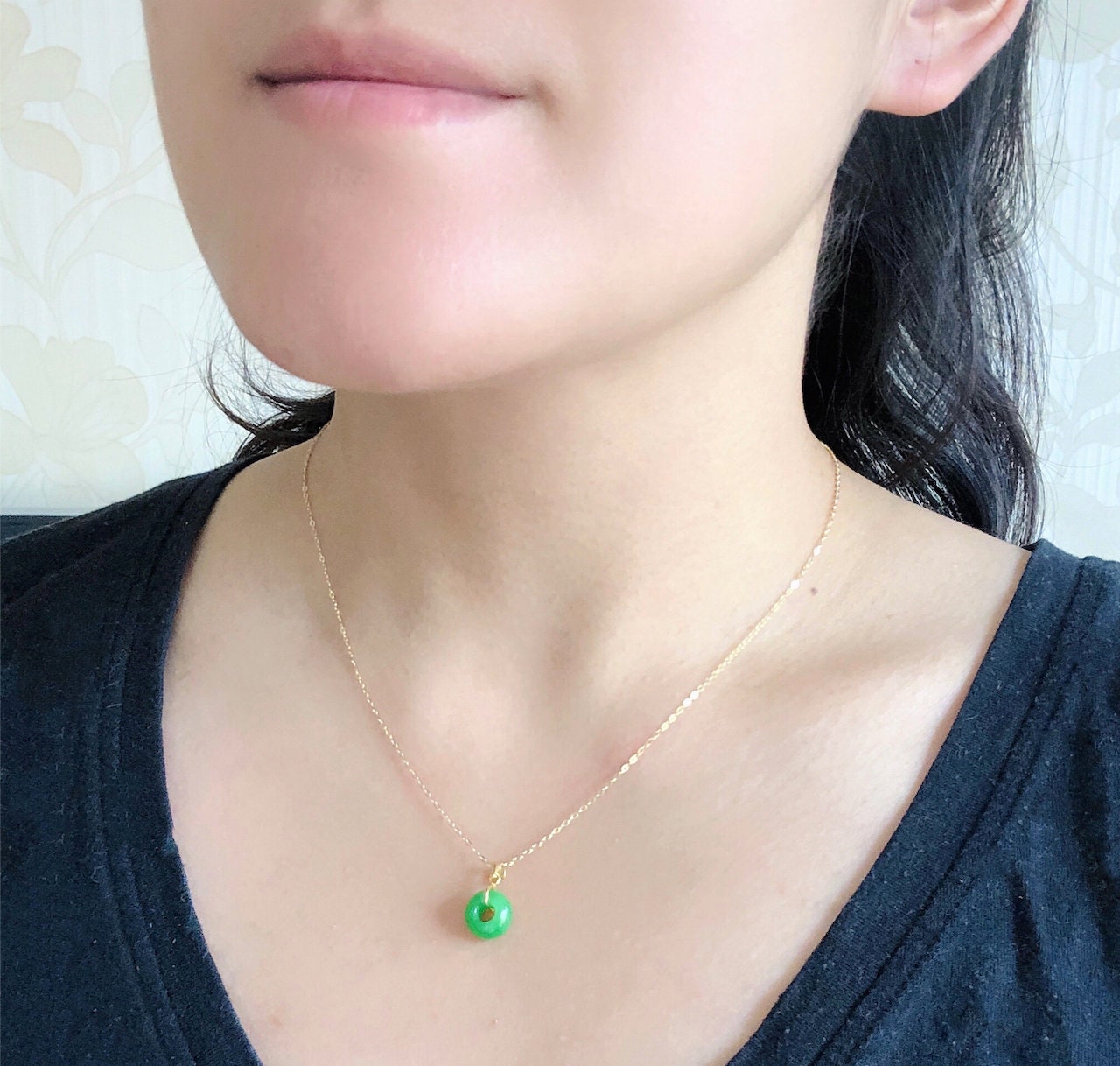 Danity Jade Donut Necklace.Minimalistic Green Jade Circle Pendant 16''.Simple Round Jade Jewelry.Small Jade Pendant.Real Chinese Jade
