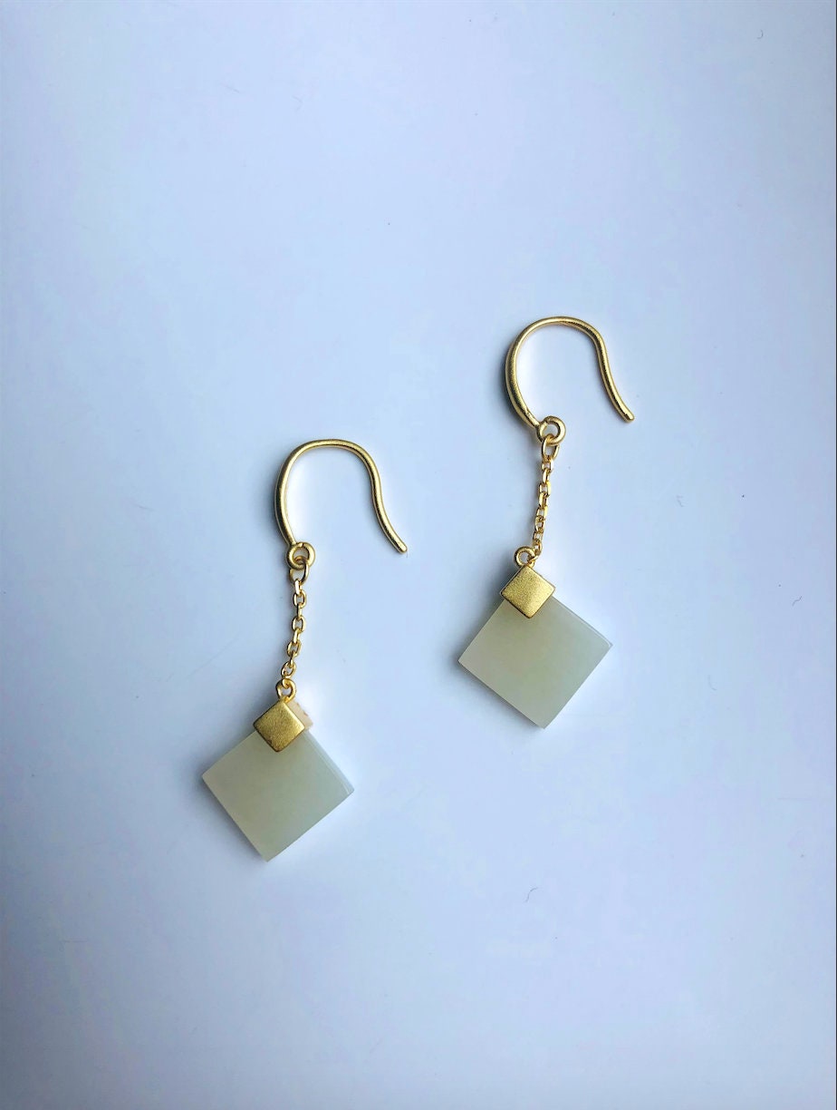Square white jade hanging earrings.Gold Jade Cube Earrings.Dainty Jade Jewelry.Natural Jade Drop earring.Chinese Jade.Gift for her.Simple