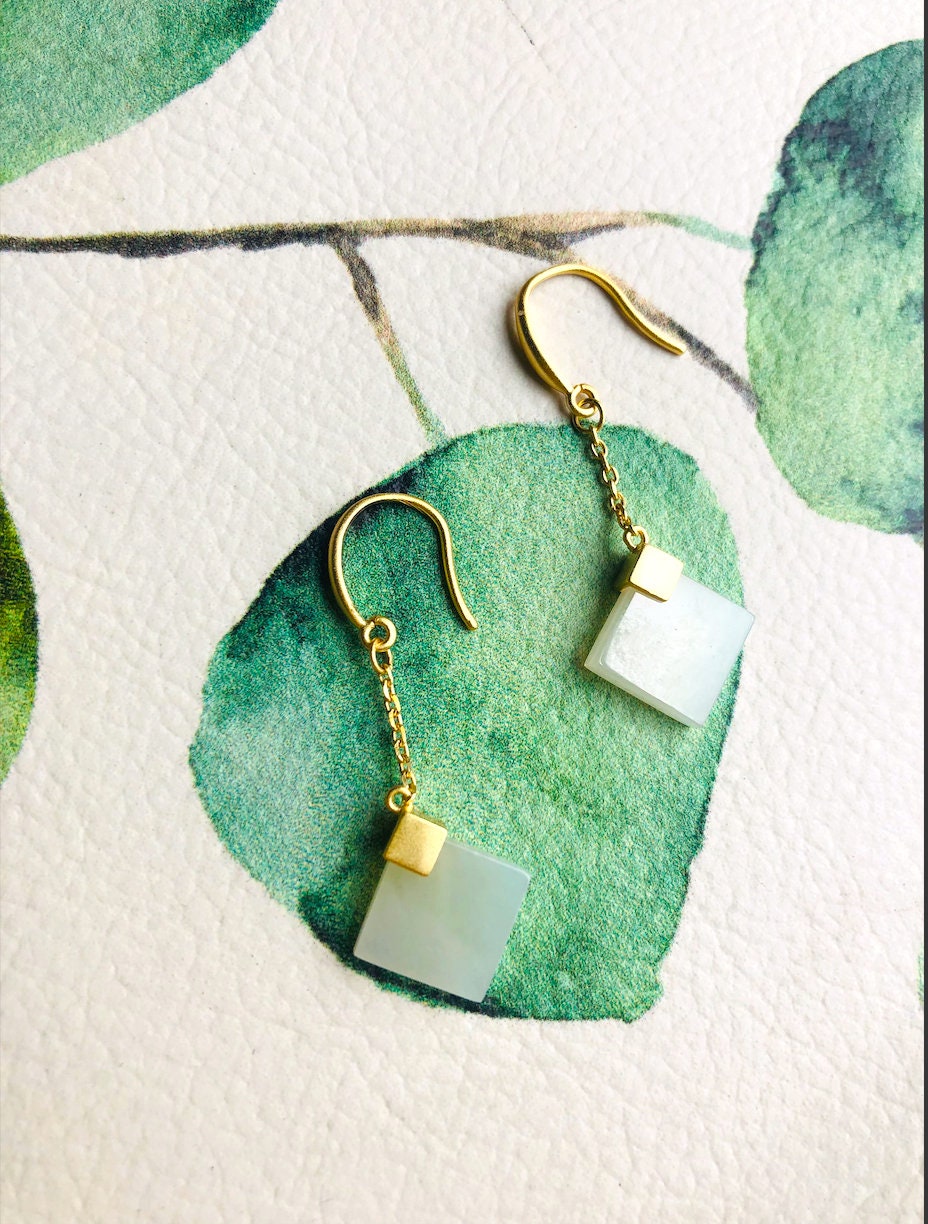 Square white jade hanging earrings.Gold Jade Cube Earrings.Dainty Jade Jewelry.Natural Jade Drop earring.Chinese Jade.Gift for her.Simple