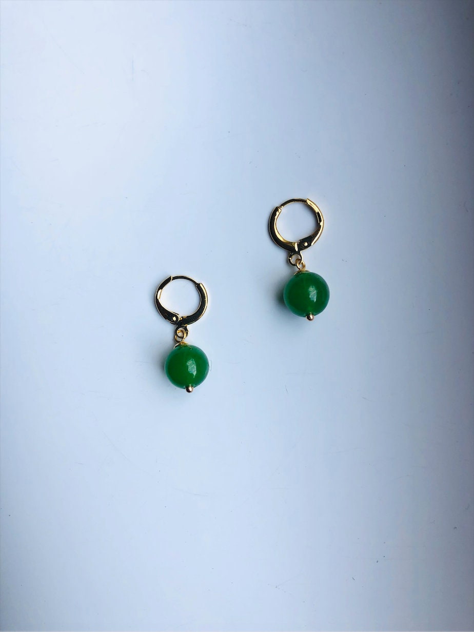 Tiny Gold Jade beads Earrings.Small Dark Green Jade Earrings.Natural Green Jade Beads Earrings.Real Jade Earrings.Gold Plated Gift for her