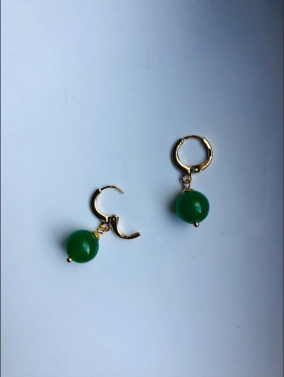 Tiny Gold Jade beads Earrings.Small Dark Green Jade Earrings.Natural Green Jade Beads Earrings.Real Jade Earrings.Gold Plated Gift for her