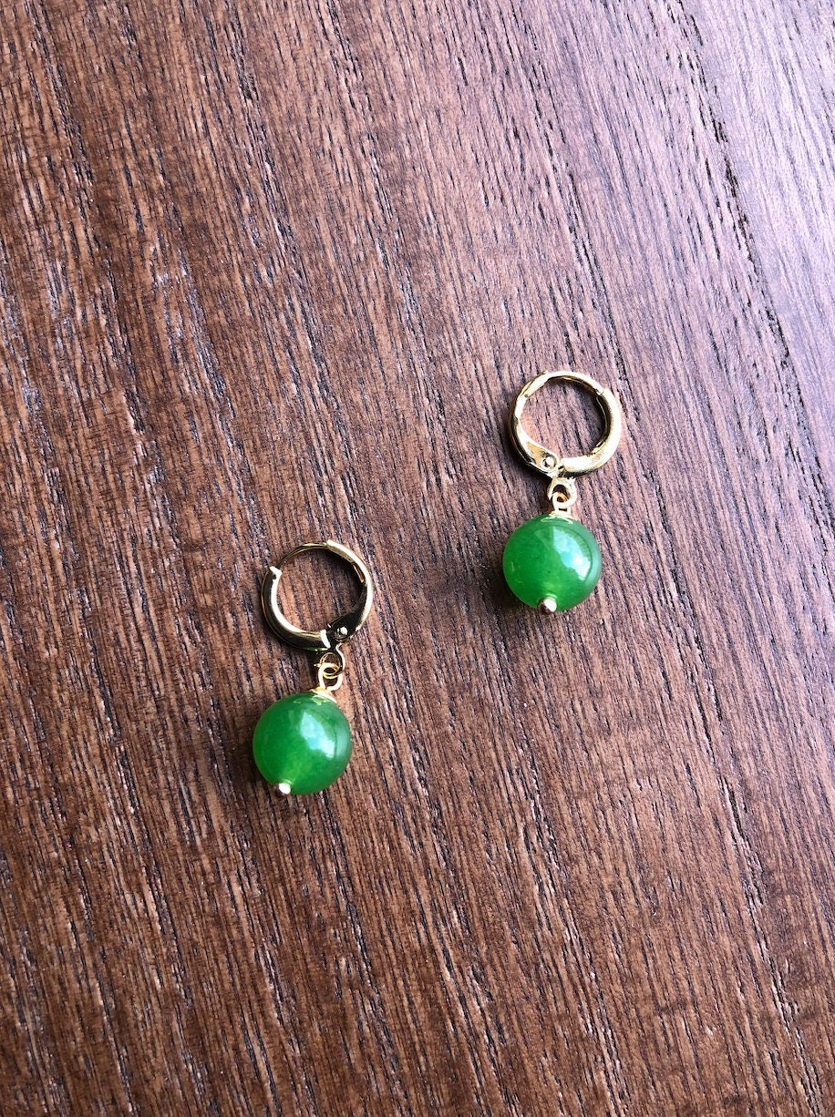 Tiny Gold Jade beads Earrings.Small Dark Green Jade Earrings.Natural Green Jade Beads Earrings.Real Jade Earrings.Gold Plated Gift for her