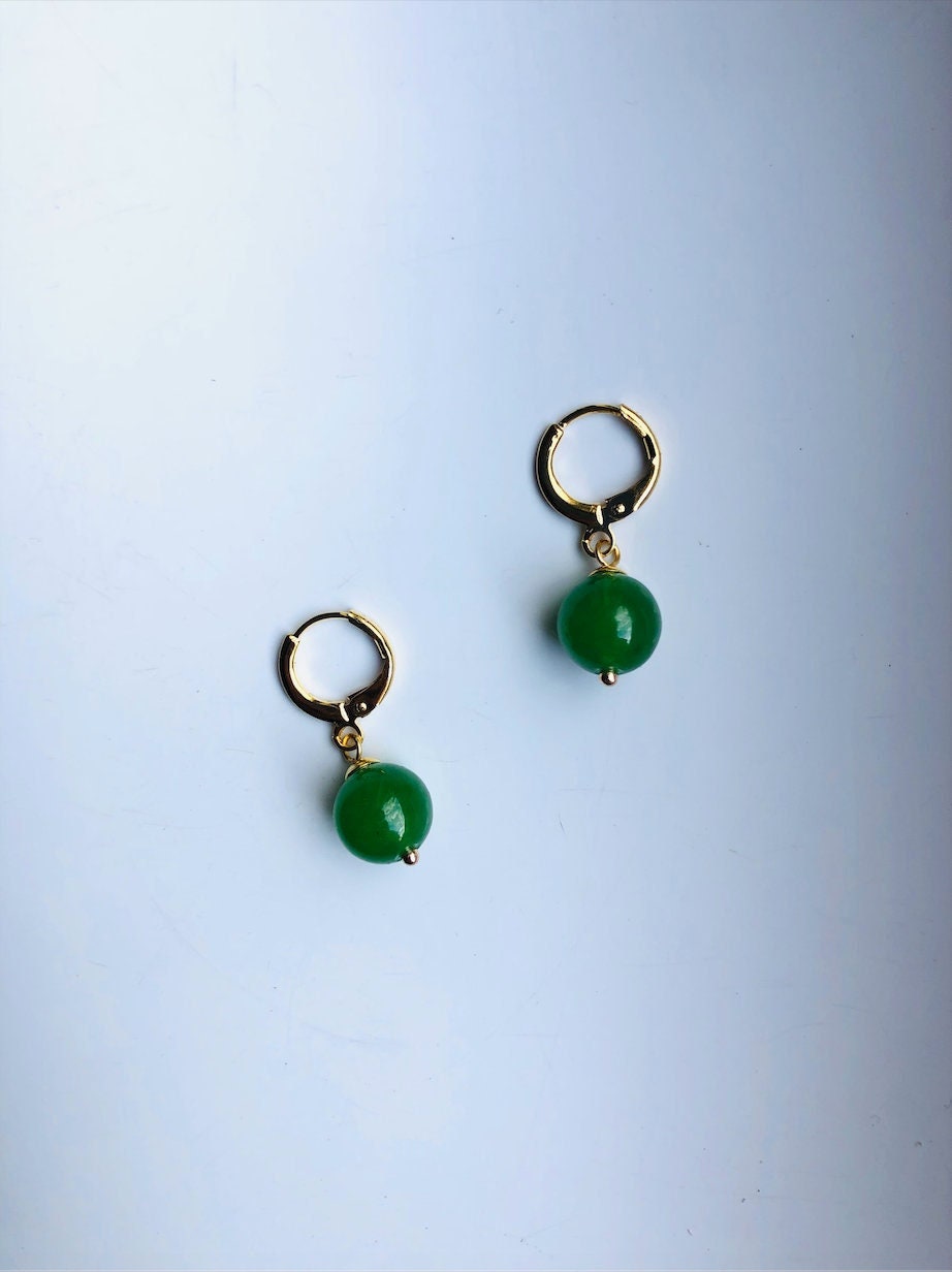 Tiny Gold Jade beads Earrings.Small Dark Green Jade Earrings.Natural Green Jade Beads Earrings.Real Jade Earrings.Gold Plated Gift for her