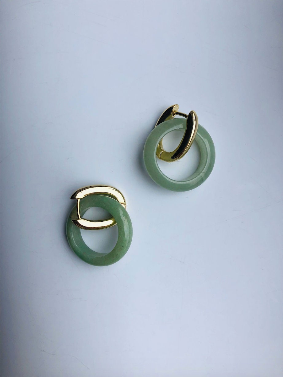 Große moderne grüne Jade Creolen.Minimalistischer Goldschmuck.Große Jade Kreis Ohrringe.Echter Nephrit Jade Schmuck.Vintage Chinesisches Jade Geschenk