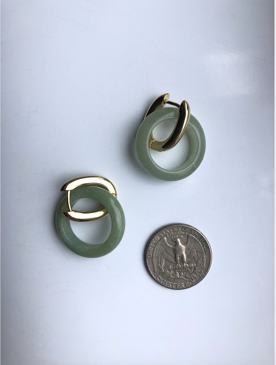 Große moderne grüne Jade Creolen.Minimalistischer Goldschmuck.Große Jade Kreis Ohrringe.Echter Nephrit Jade Schmuck.Vintage Chinesisches Jade Geschenk