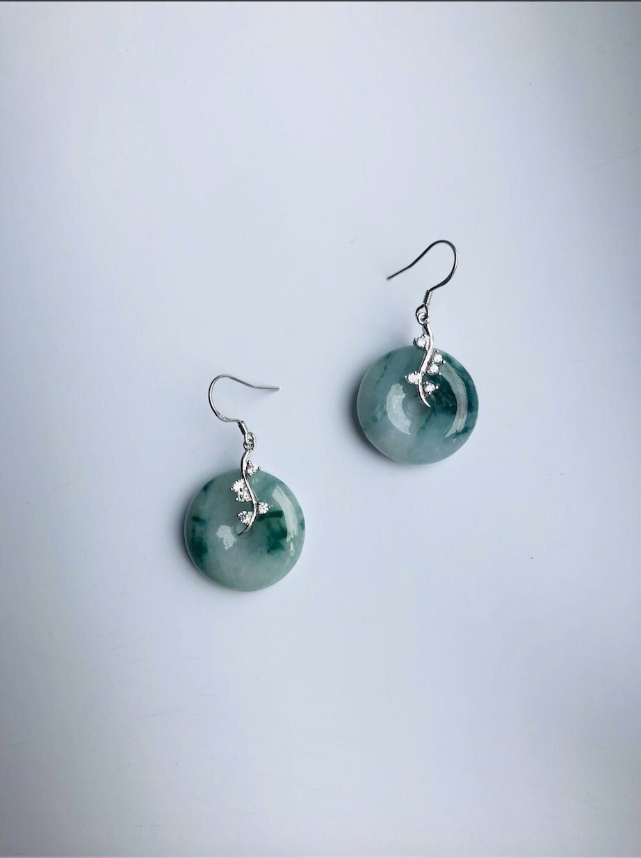 Natürliche grüne Jade Donut Ohrringe.Silber Blumen Jade Kreis Ohrringe.Runde grüne &amp; weiße Jade Schmuck.Jade Ohrringe Silber.Echte Jade Geschenk