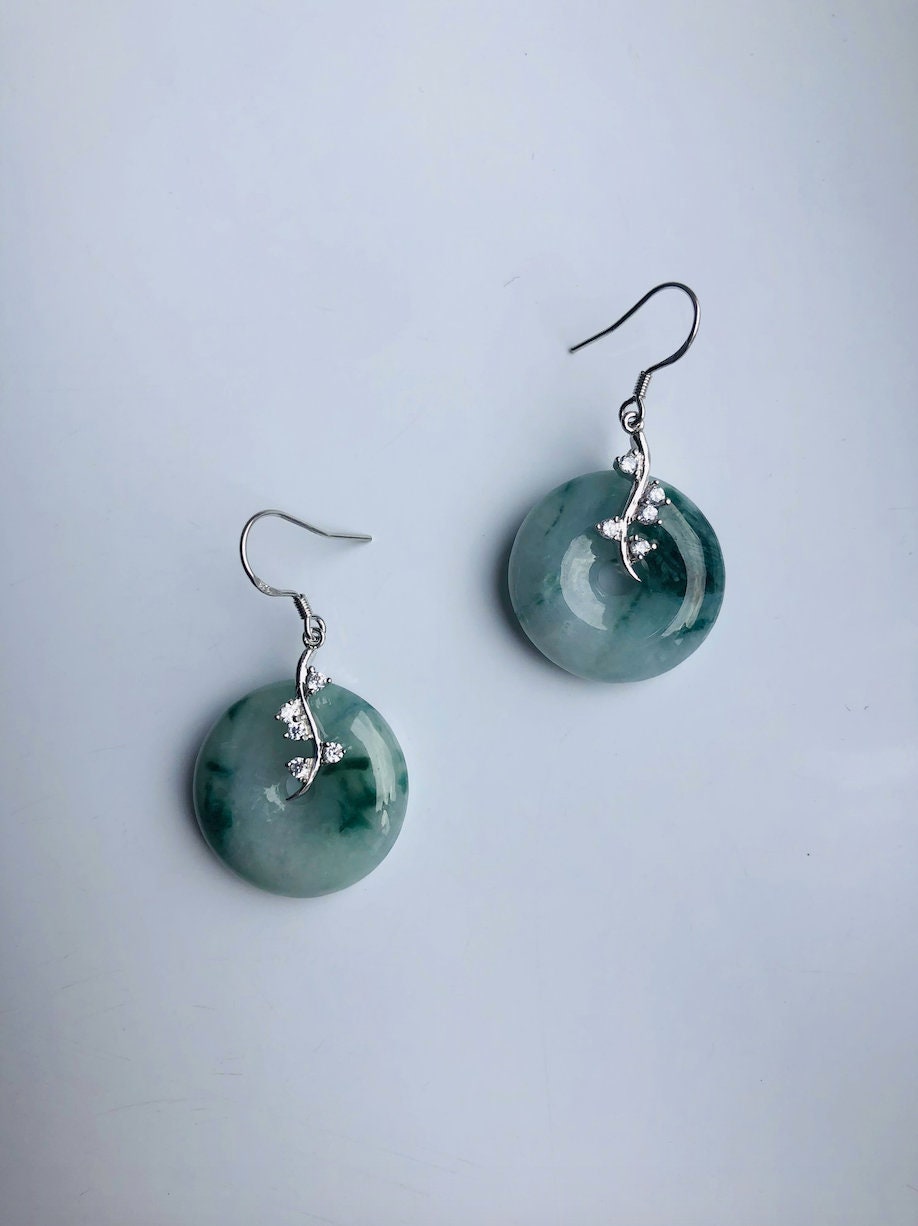 Natürliche grüne Jade Donut Ohrringe.Silber Blumen Jade Kreis Ohrringe.Runde grüne &amp; weiße Jade Schmuck.Jade Ohrringe Silber.Echte Jade Geschenk