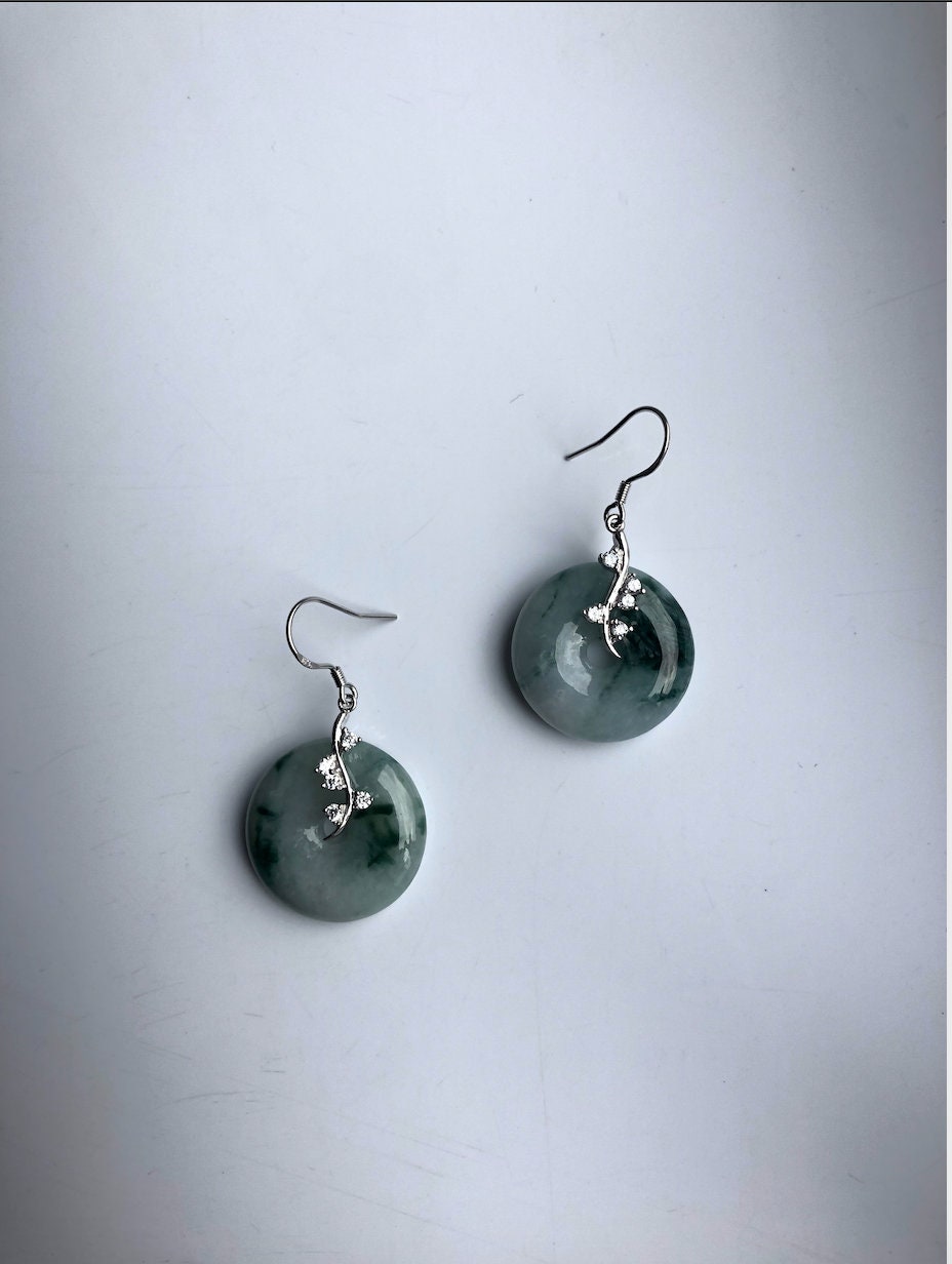 Natürliche grüne Jade Donut Ohrringe.Silber Blumen Jade Kreis Ohrringe.Runde grüne &amp; weiße Jade Schmuck.Jade Ohrringe Silber.Echte Jade Geschenk