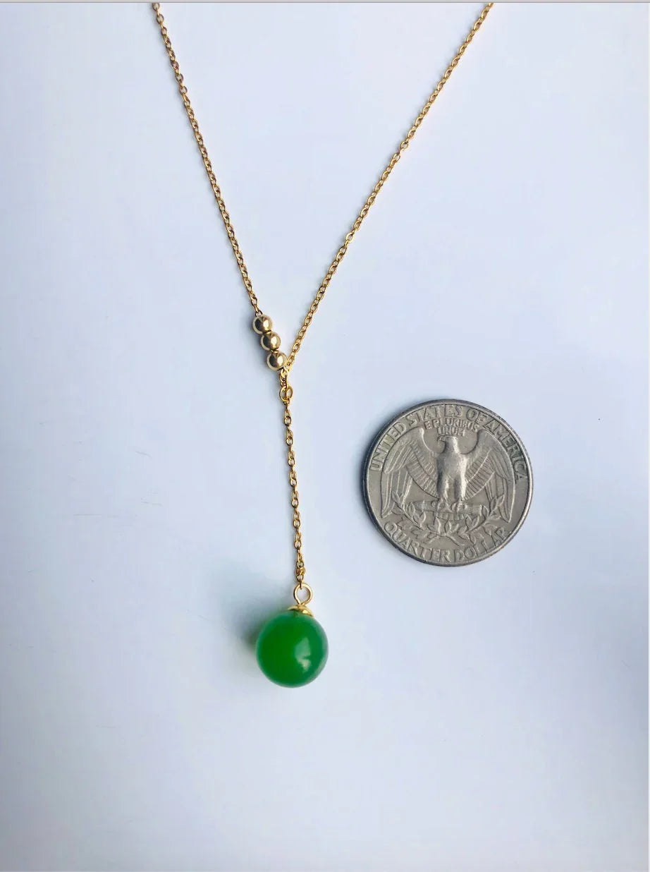 Gold Lariat Y Necklace with Green Jade Bead.Gold Minimalistic Jade Necklace.Green Jade Bead Pendant.Adjustable 14'' Necklace.Gift for her