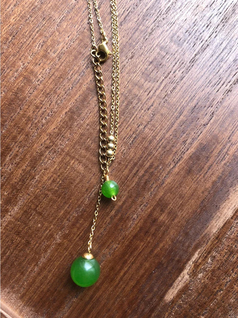 Gold Lariat Y Necklace with Green Jade Bead.Gold Minimalistic Jade Necklace.Green Jade Bead Pendant.Adjustable 14'' Necklace.Gift for her