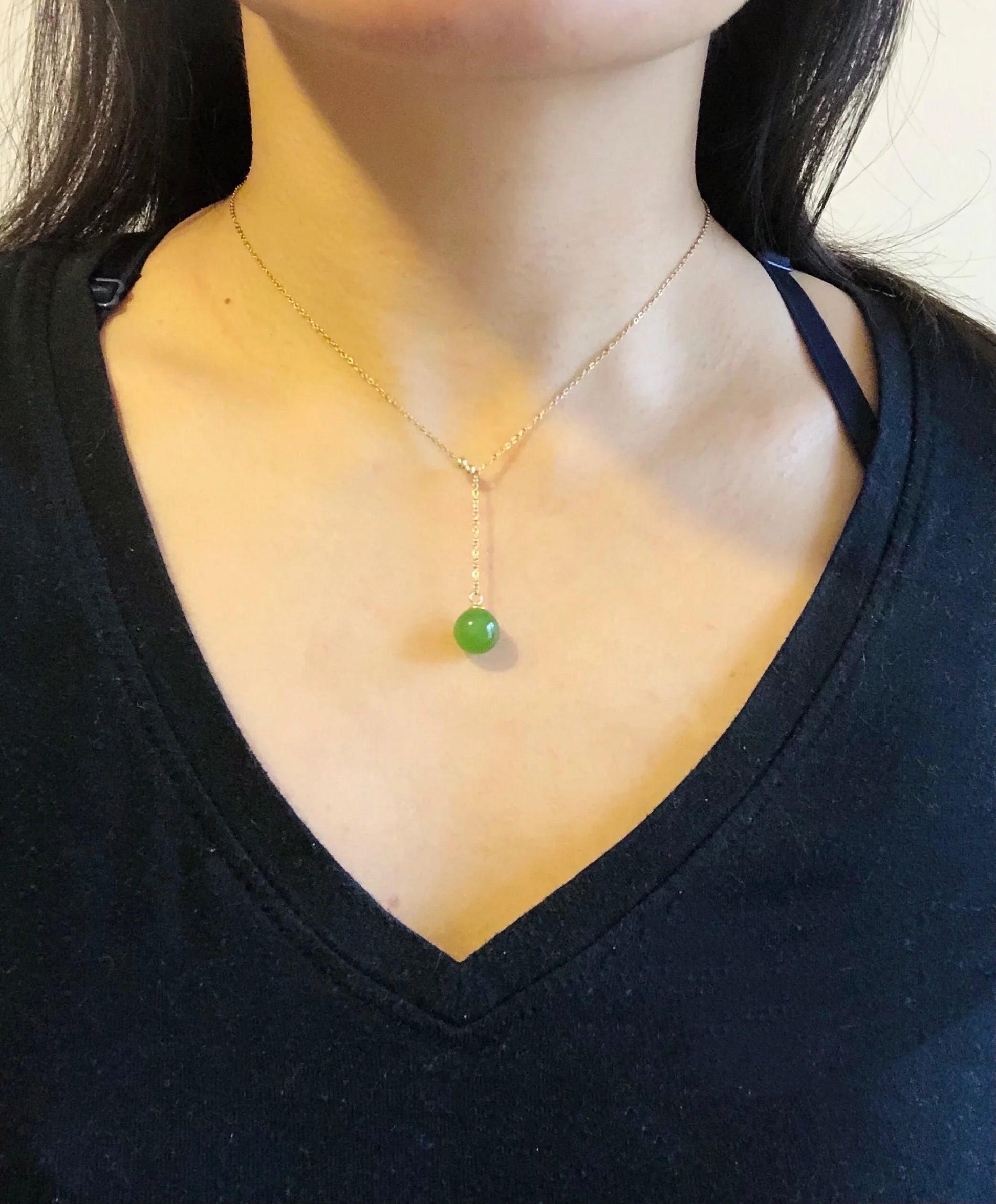 Gold Lariat Y Necklace with Green Jade Bead.Gold Minimalistic Jade Necklace.Green Jade Bead Pendant.Adjustable 14'' Necklace.Gift for her