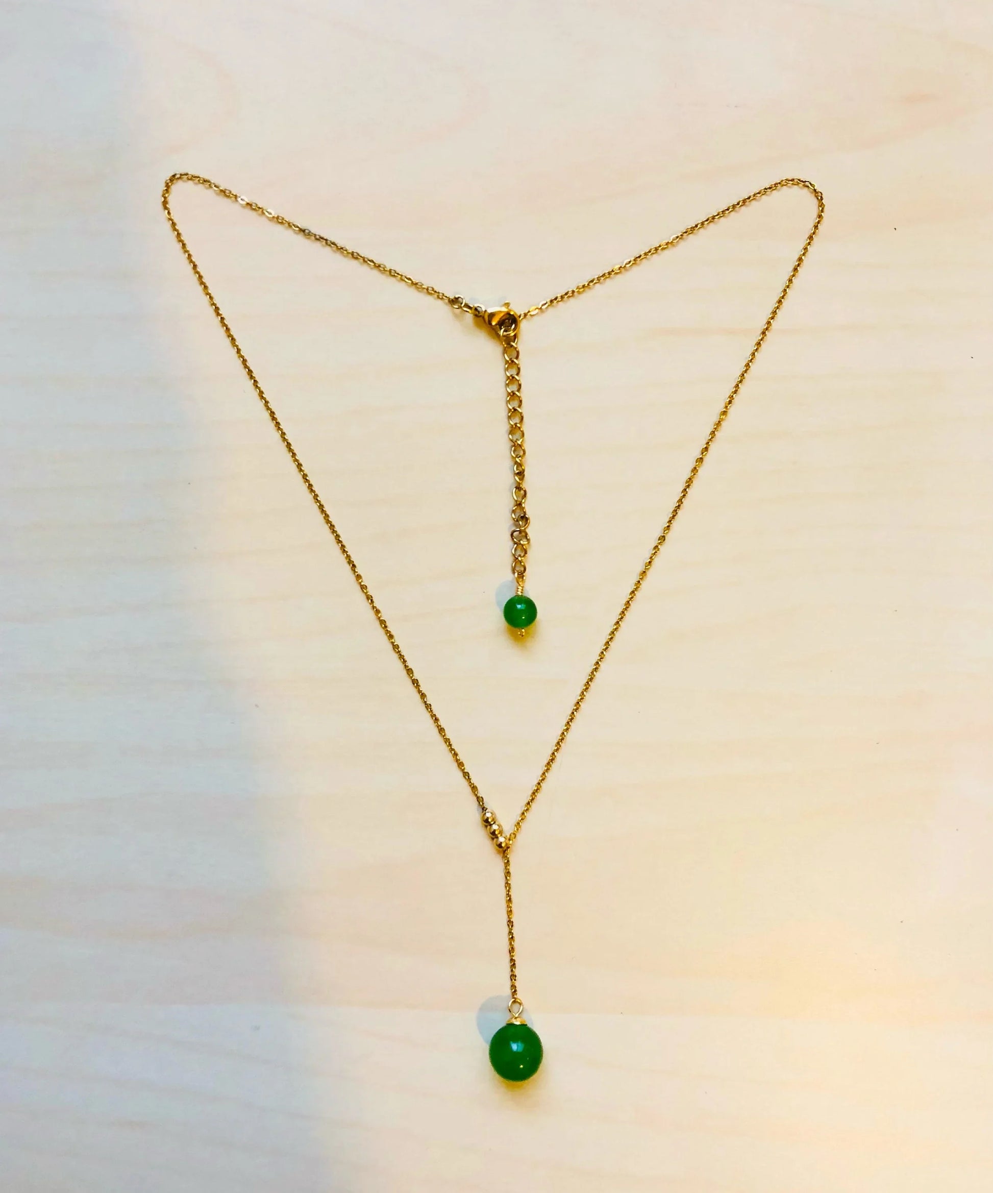 Gold Lariat Y Necklace with Green Jade Bead.Gold Minimalistic Jade Necklace.Green Jade Bead Pendant.Adjustable 14'' Necklace.Gift for her