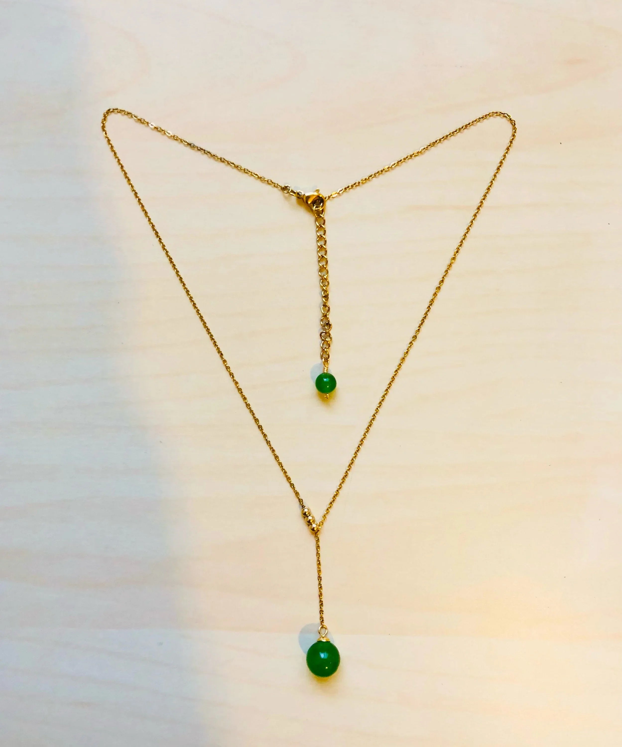 Gold Lariat Y Necklace with Green Jade Bead.Gold Minimalistic Jade Necklace.Green Jade Bead Pendant.Adjustable 14'' Necklace.Gift for her