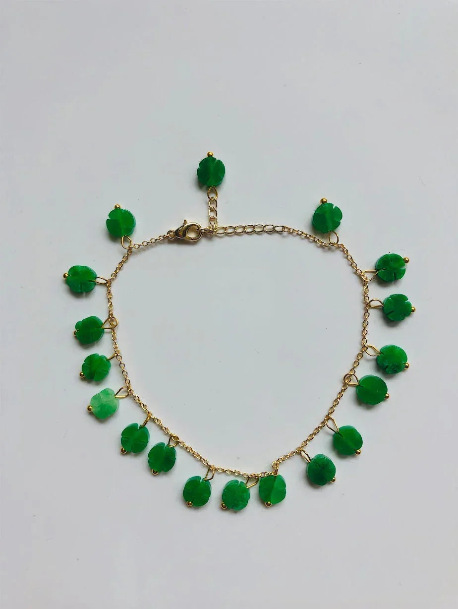 Green Jade Clover Anklet.Green Jade Beads Foot Jewelry.Gold Lucky Foot Chain.Charm Ankle Bracelet.Four-leaf Jewelry.Real Jades.Gift for her