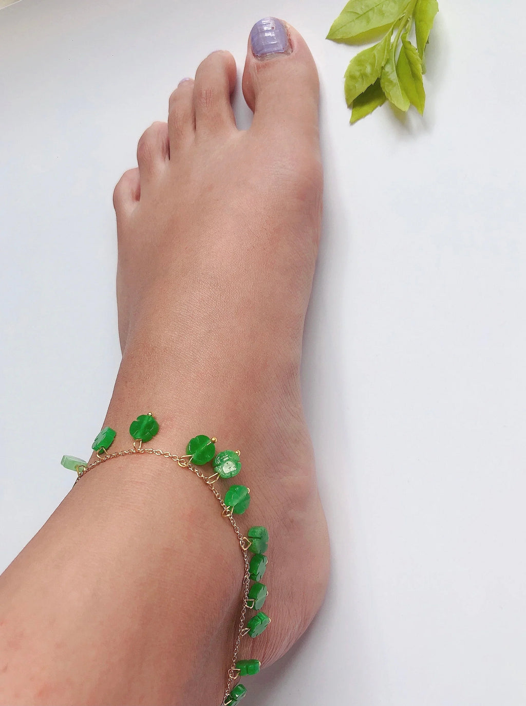 Green Jade Clover Anklet.Green Jade Beads Foot Jewelry.Gold Lucky Foot Chain.Charm Ankle Bracelet.Four-leaf Jewelry.Real Jades.Gift for her