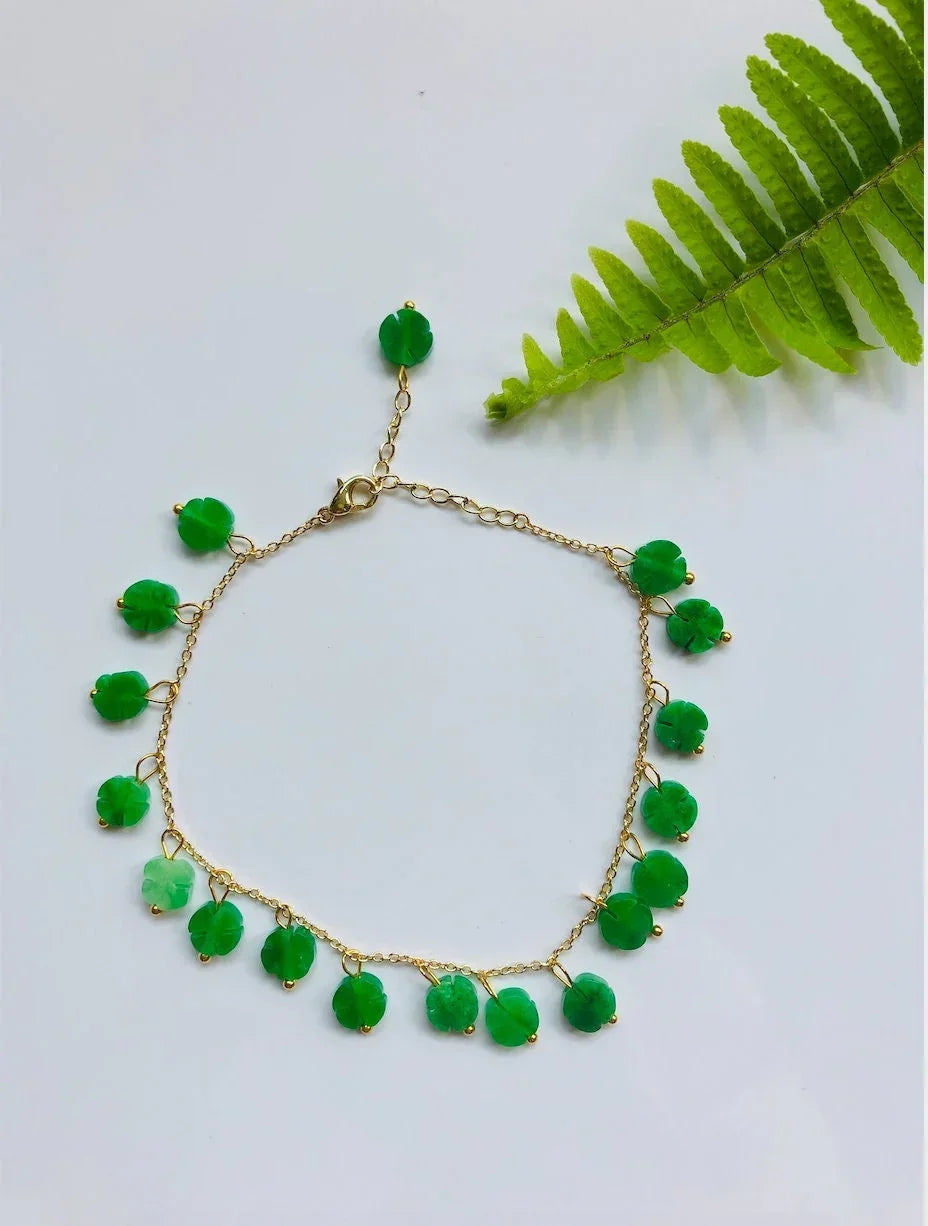 Green Jade Clover Anklet.Green Jade Beads Foot Jewelry.Gold Lucky Foot Chain.Charm Ankle Bracelet.Four-leaf Jewelry.Real Jades.Gift for her